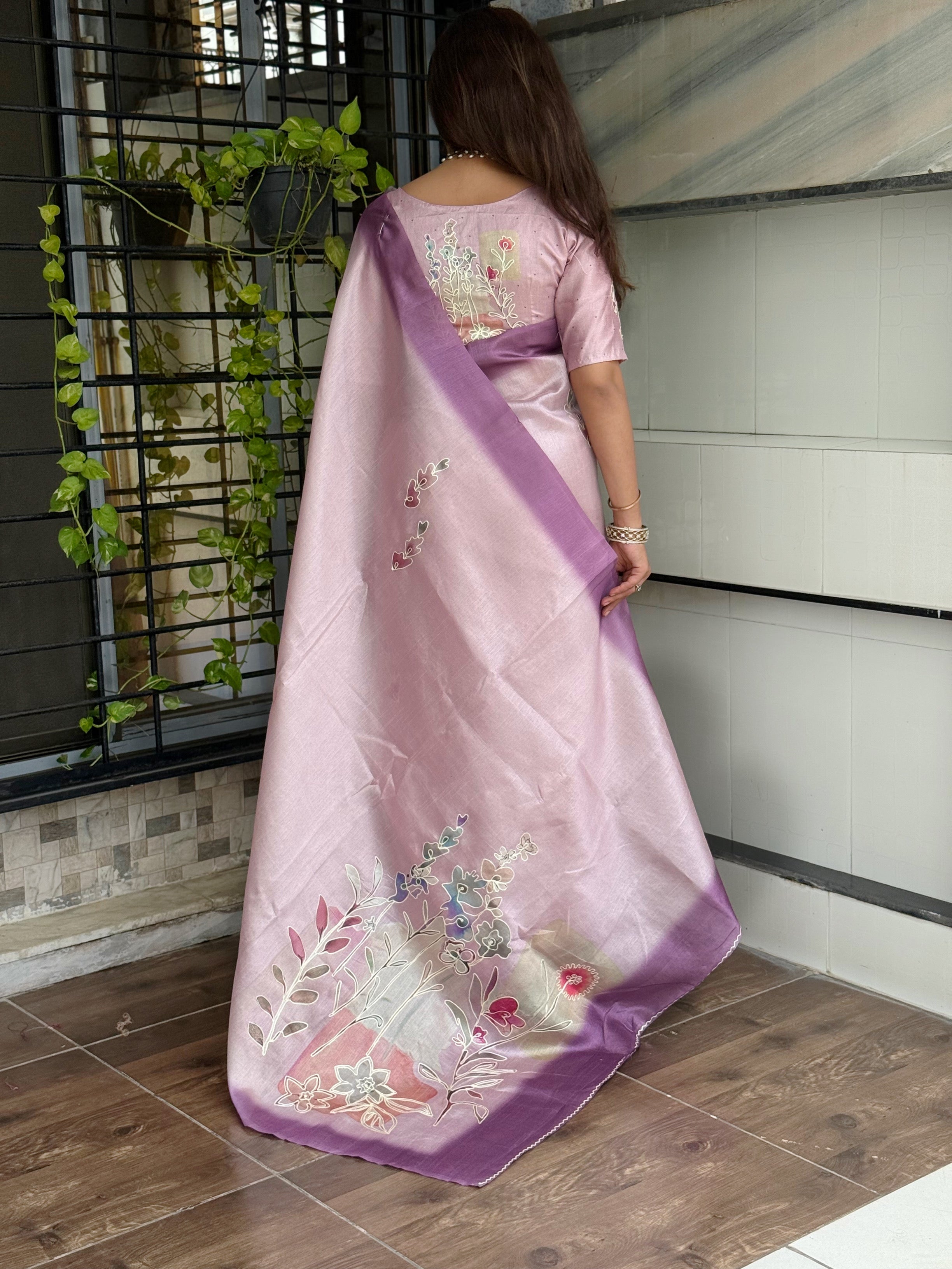 Light Purole linen cotton katha work Saree With Unstitched Blouse For Women