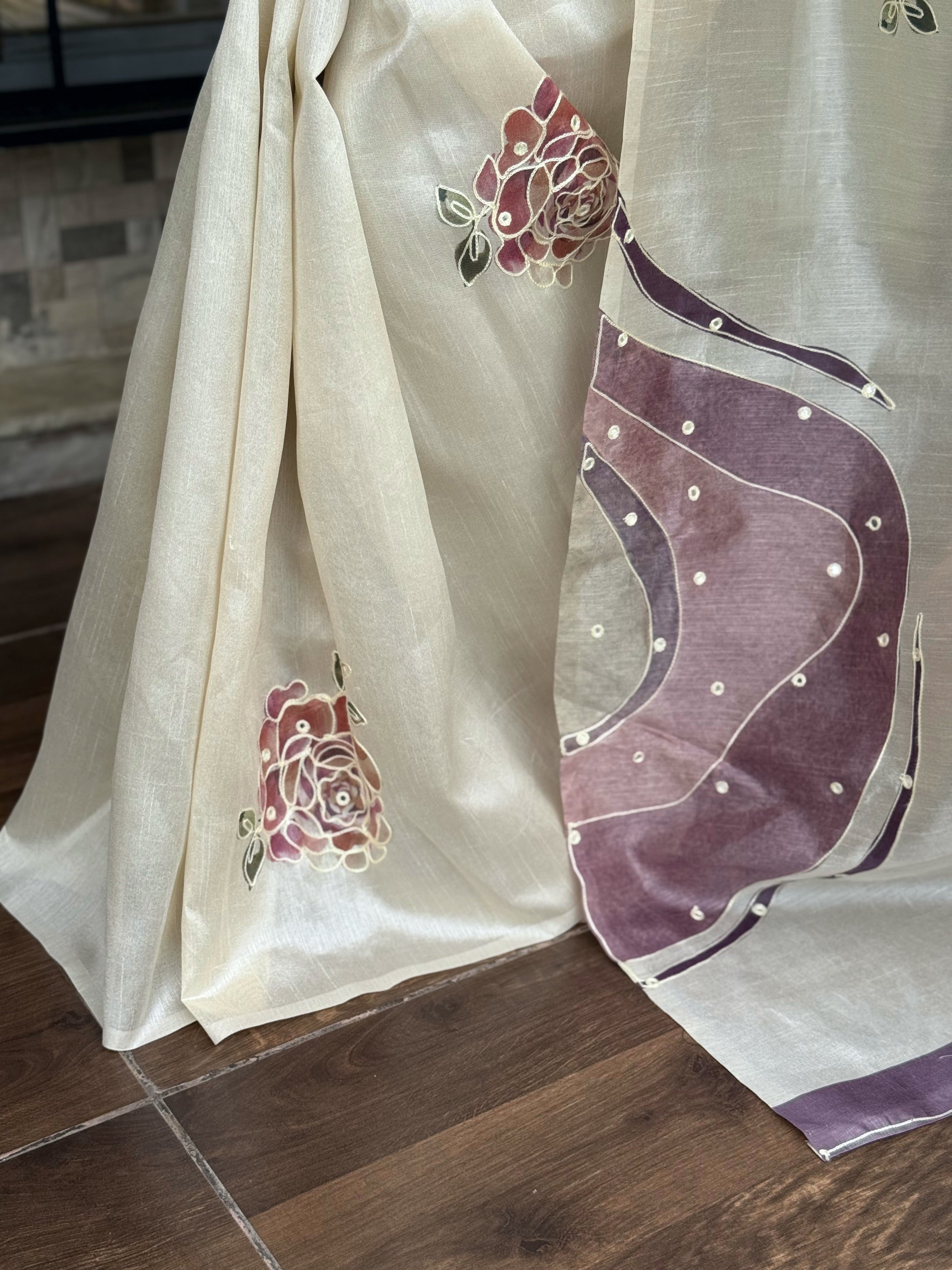 White Pink pure Tusser linen katha work Saree With Unstitched Blouse For Women
