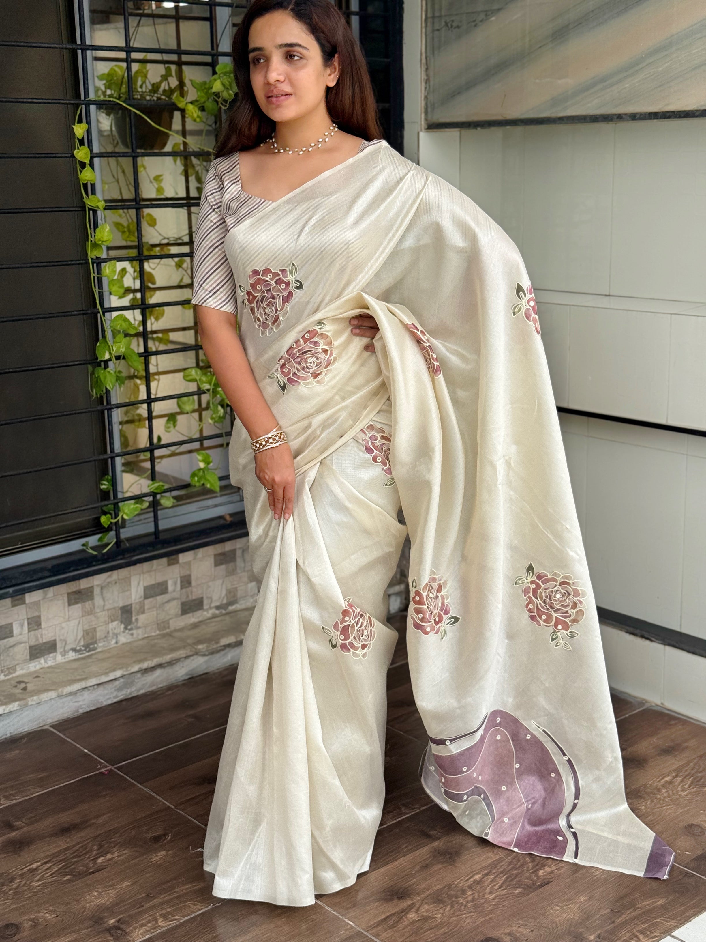 White Pink pure Tusser linen katha work Saree With Unstitched Blouse For Women