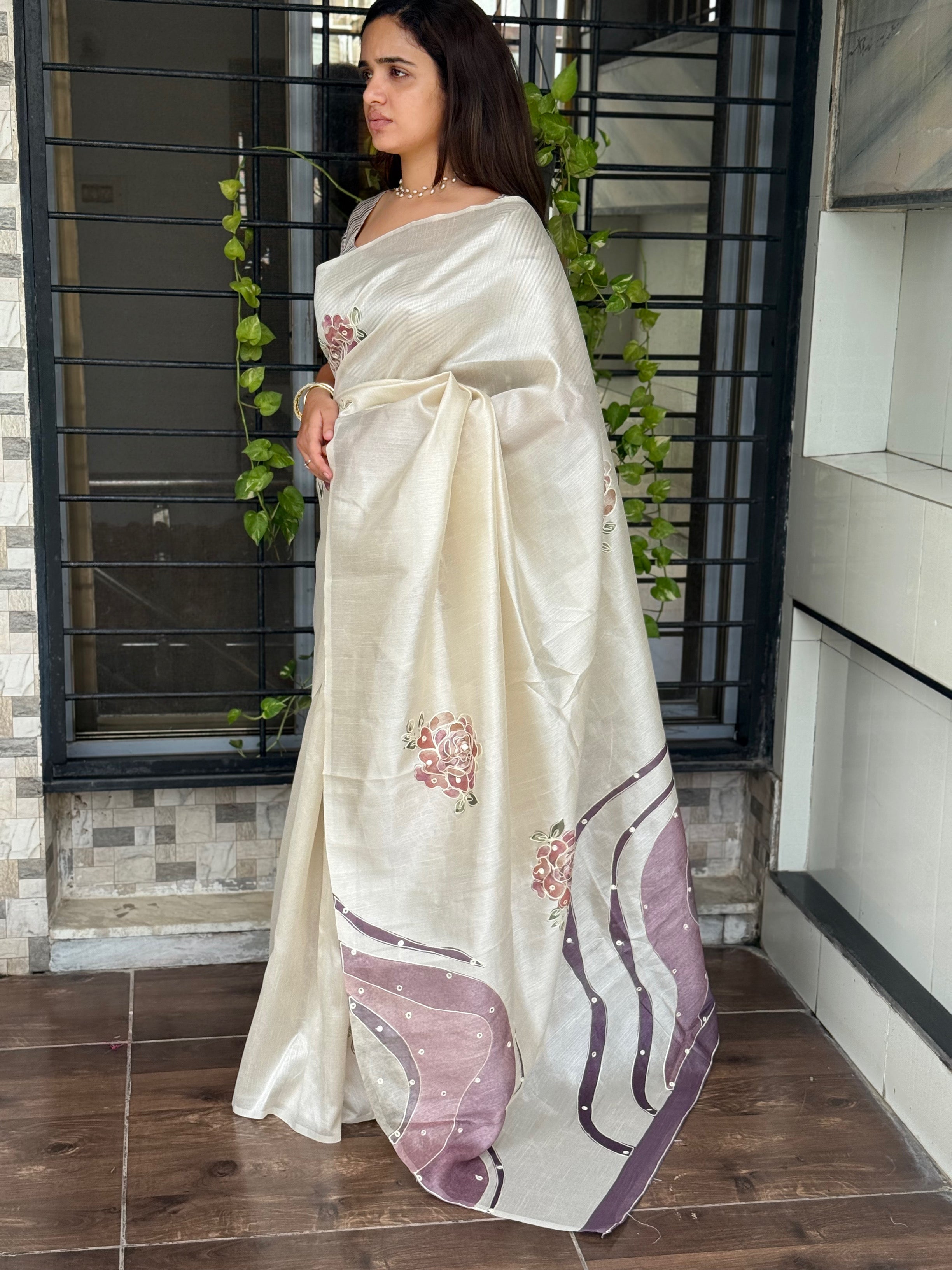 White Pink pure Tusser linen katha work Saree With Unstitched Blouse For Women
