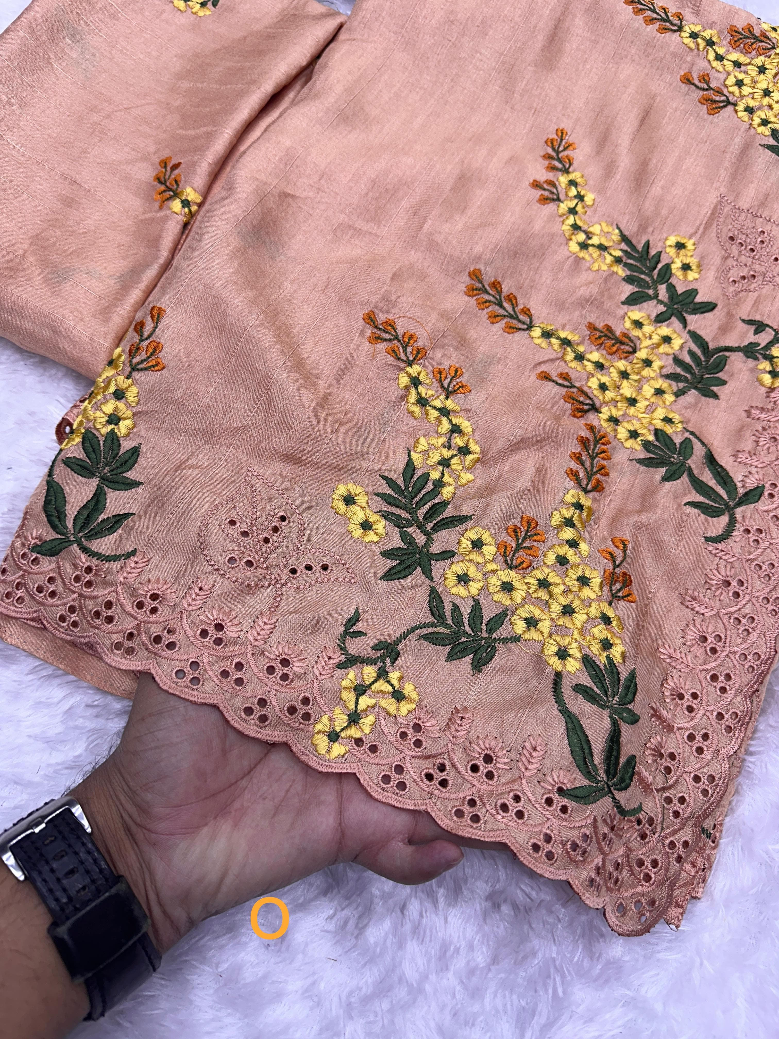 Soft Peach Tusser Cotton Premium Embroidered Work Saree For Women