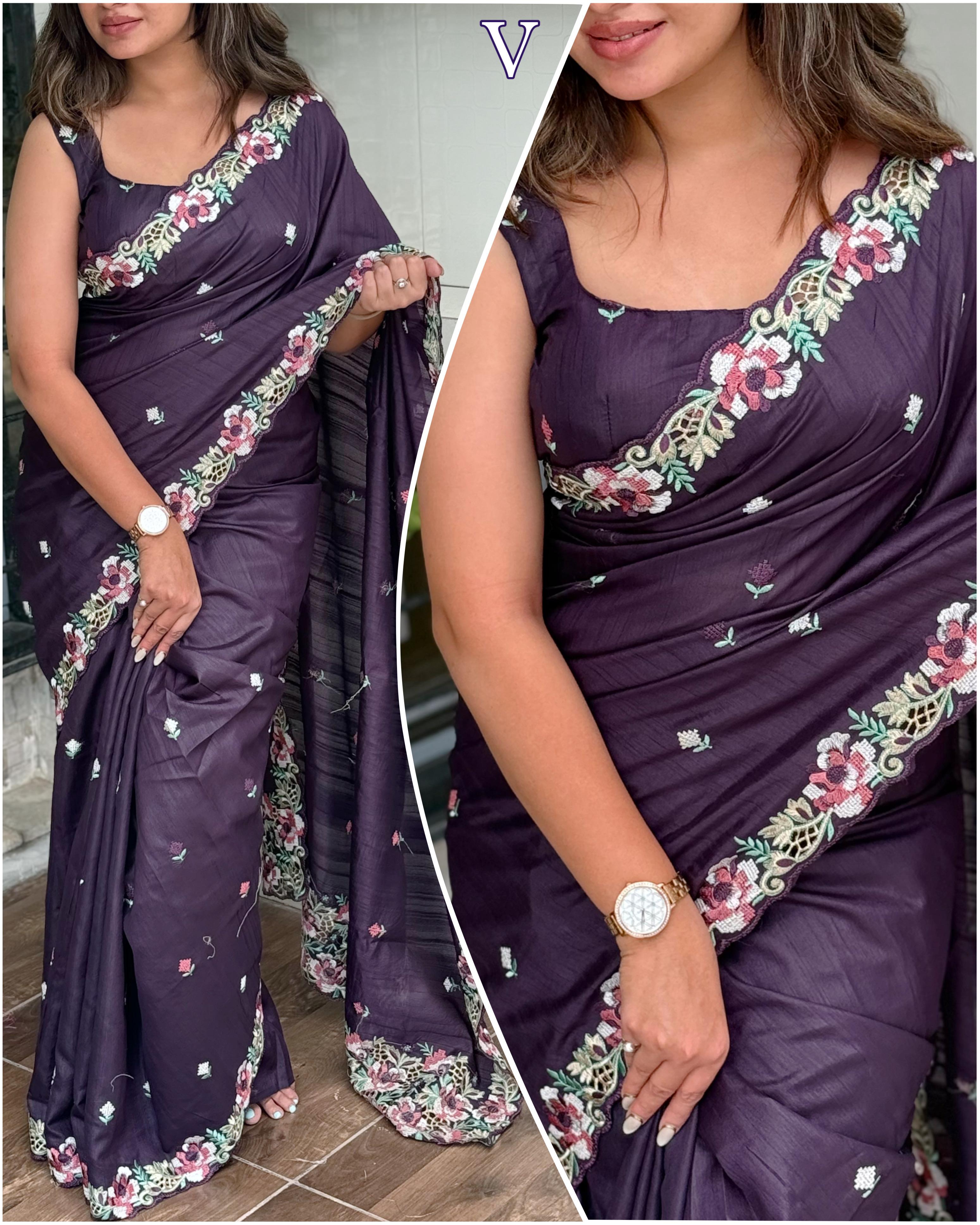 Violet Visca Slub Silk Premium Embroidered Work Saree For Women