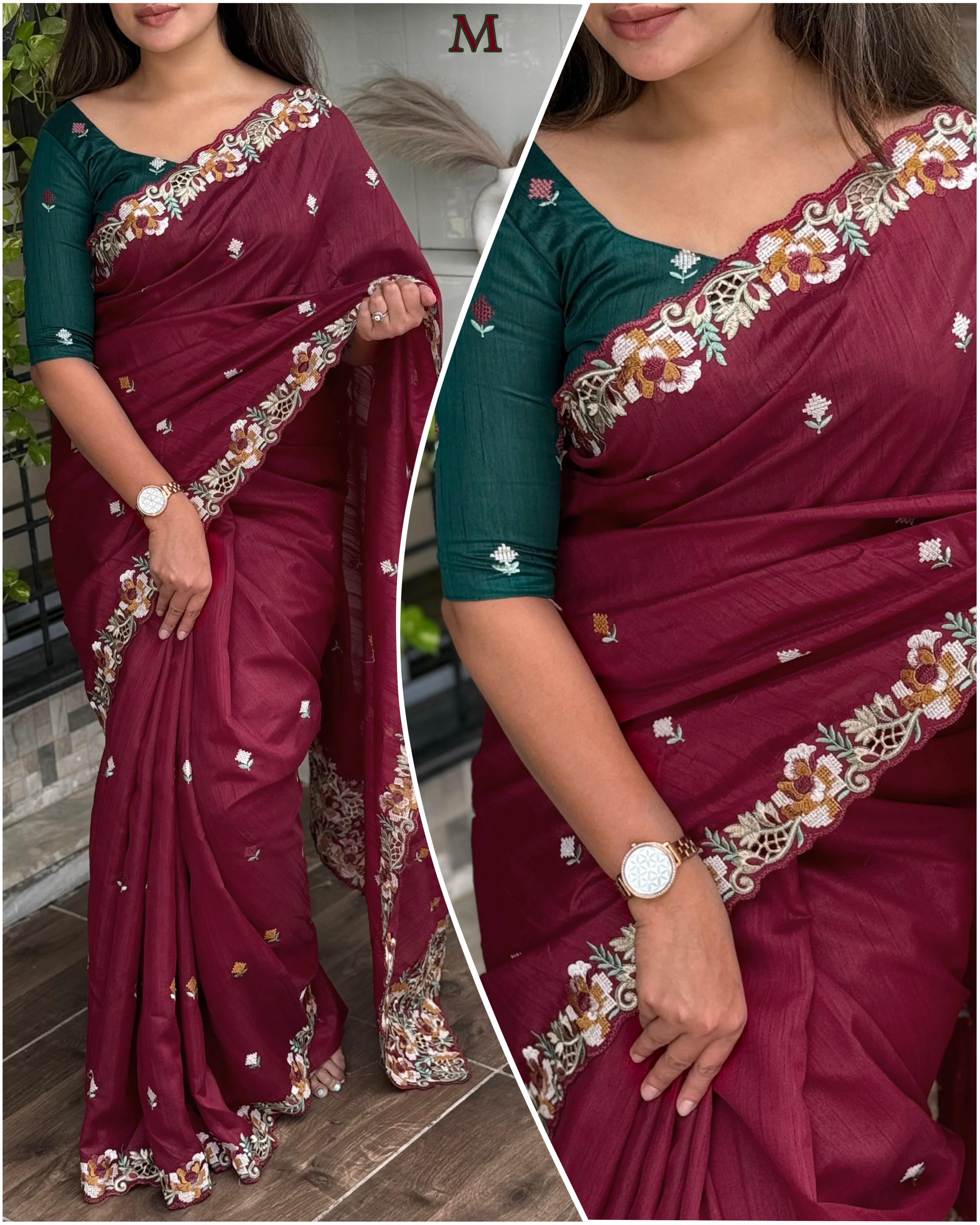 Maroon Visca Slub Silk Premium Embroidered Work Saree For Women