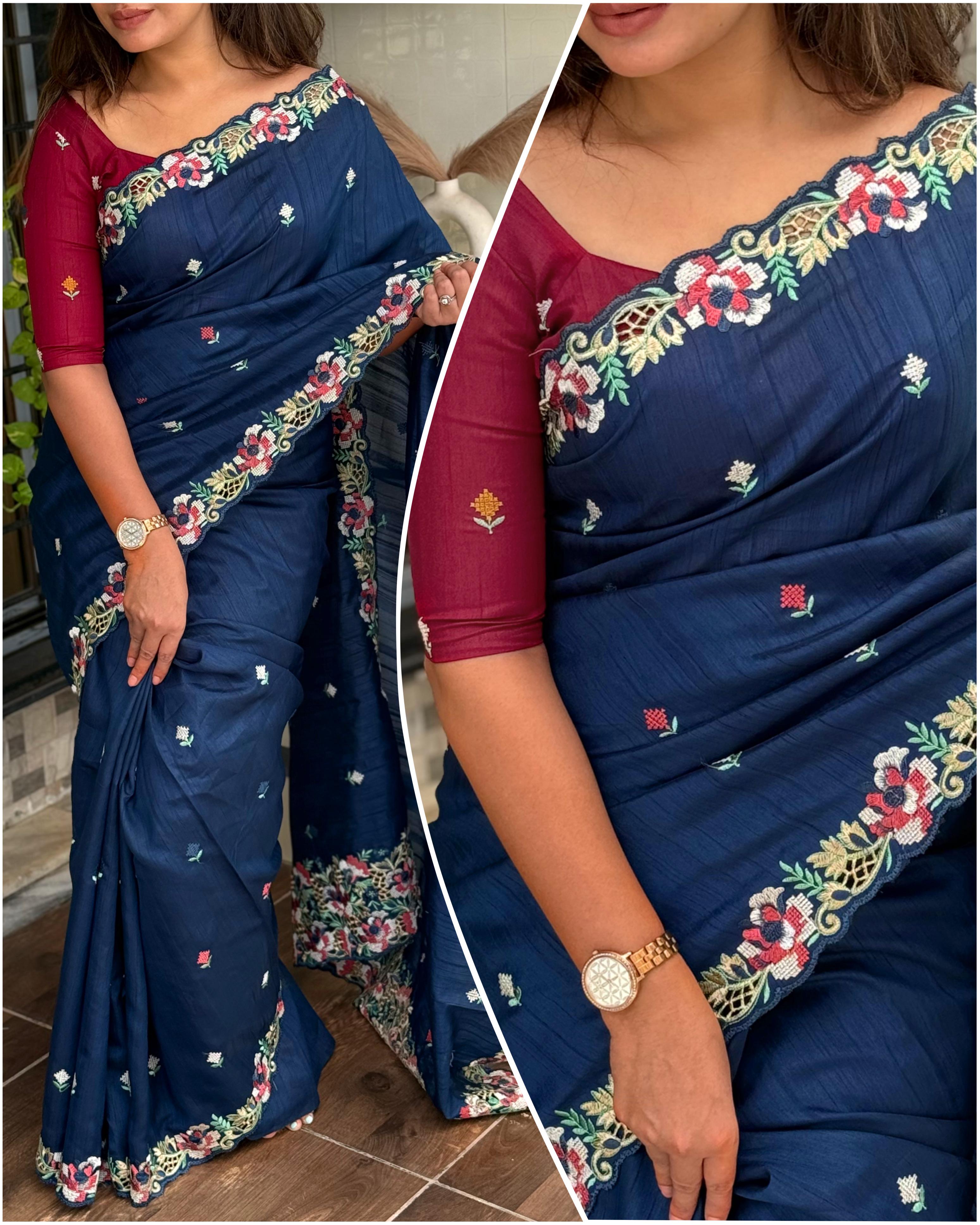 Blue Visca Slub Silk Premium Embroidered Work Saree For Women