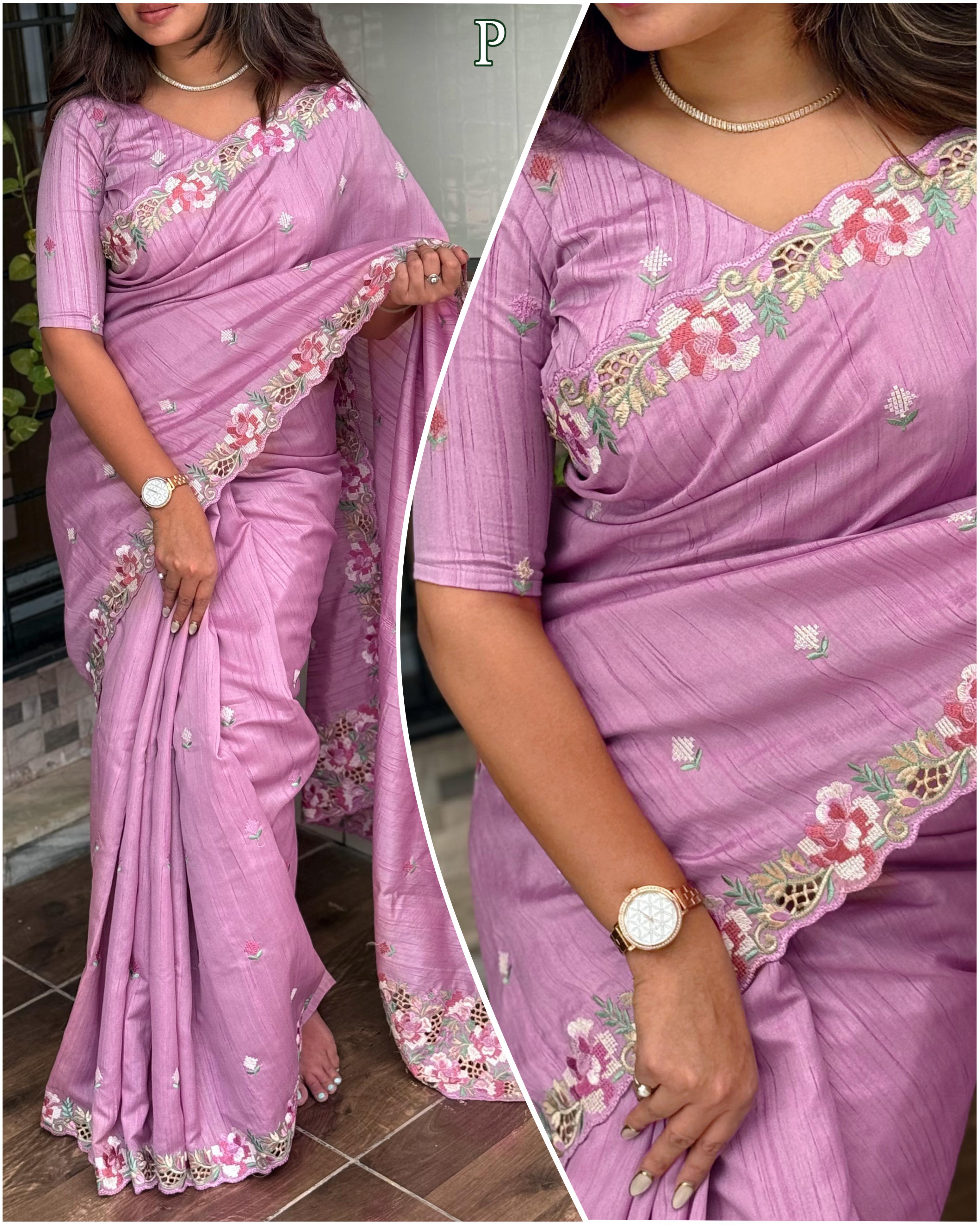 Lavender Visca Slub Silk Premium Embroidered Work Saree For Women