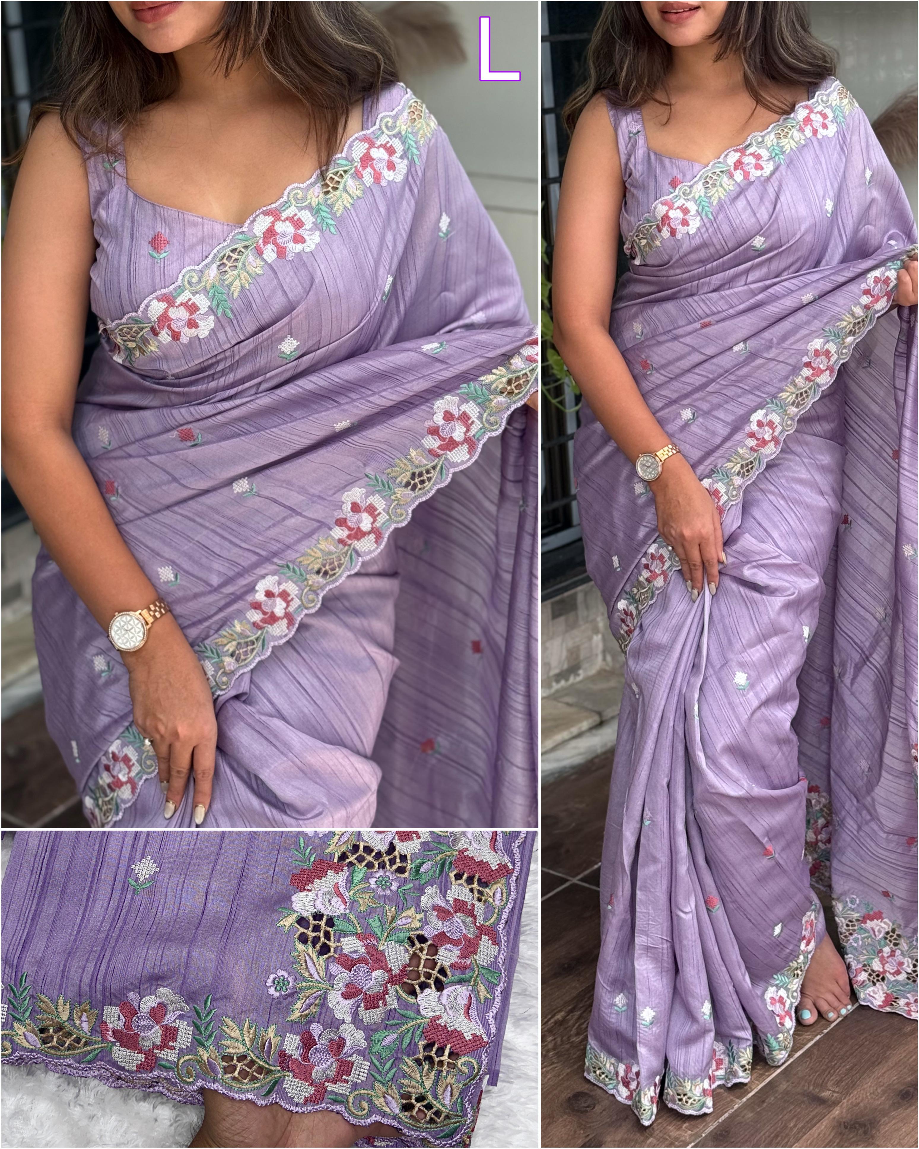 Light Purple Visca Slub Silk Premium Embroidered Work Saree For Women