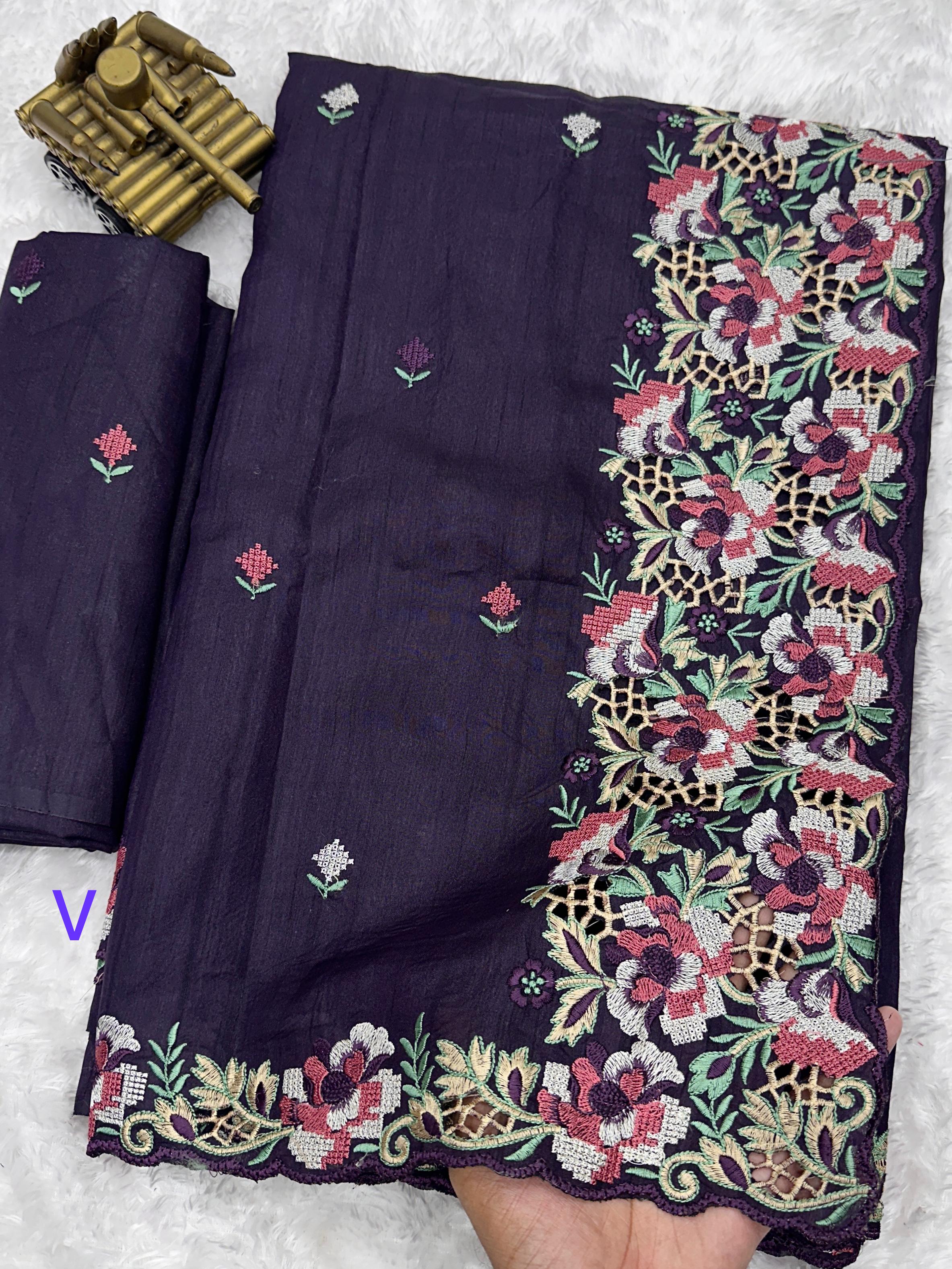 Violet Visca Slub Silk Premium Embroidered Work Saree For Women