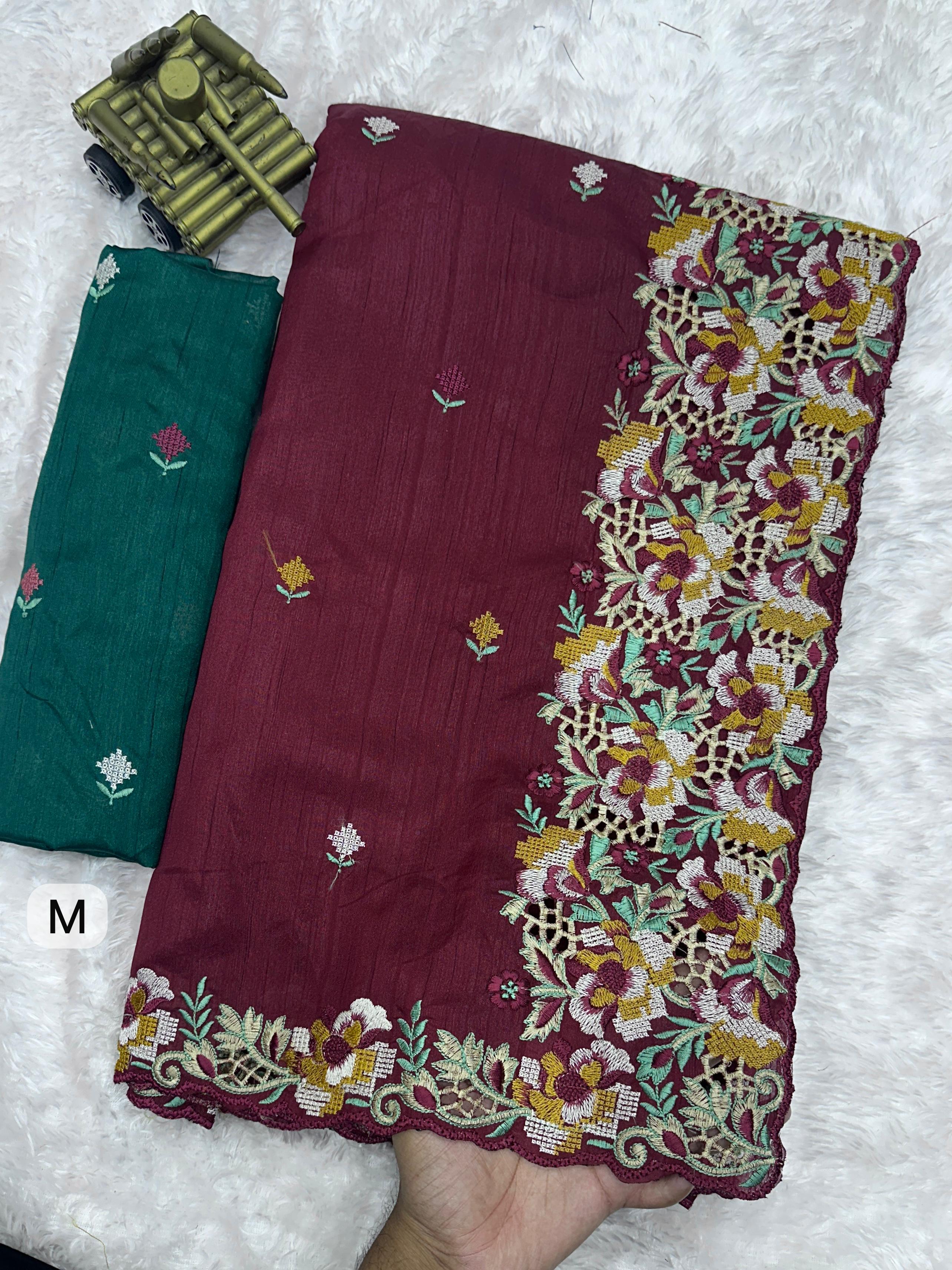 Maroon Visca Slub Silk Premium Embroidered Work Saree For Women