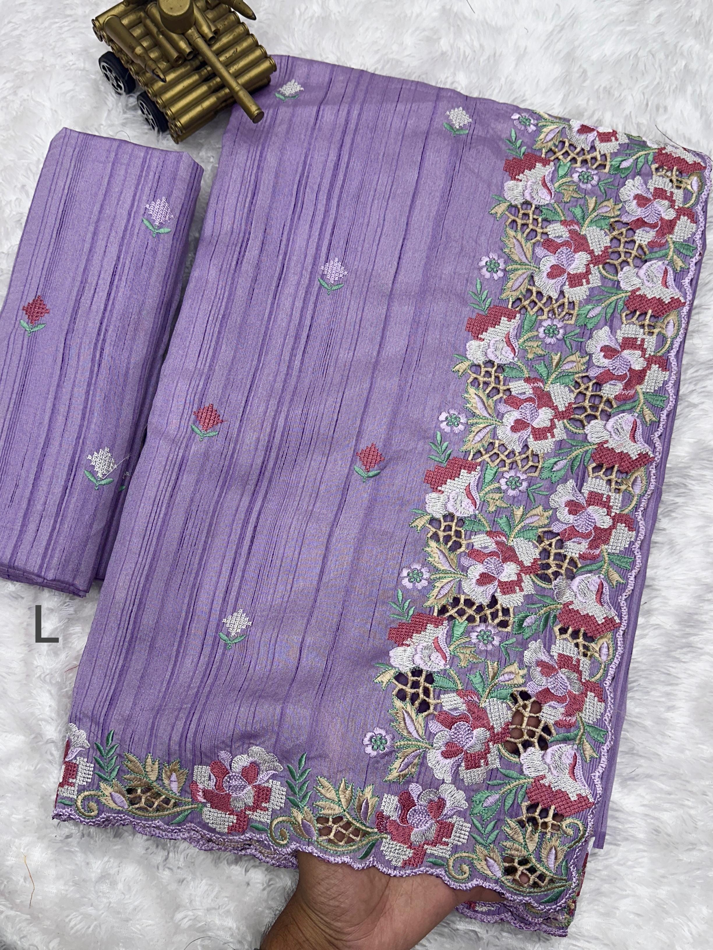 Light Purple Visca Slub Silk Premium Embroidered Work Saree For Women