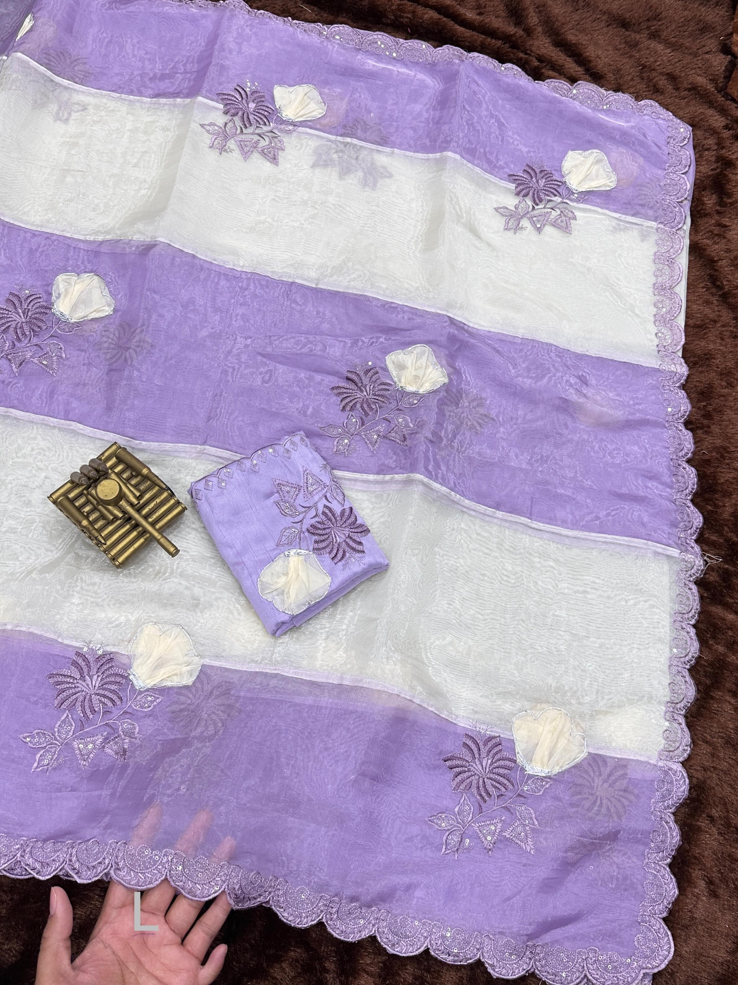 Purple Crystal Organza Premium Embroidered Work Saree For Women