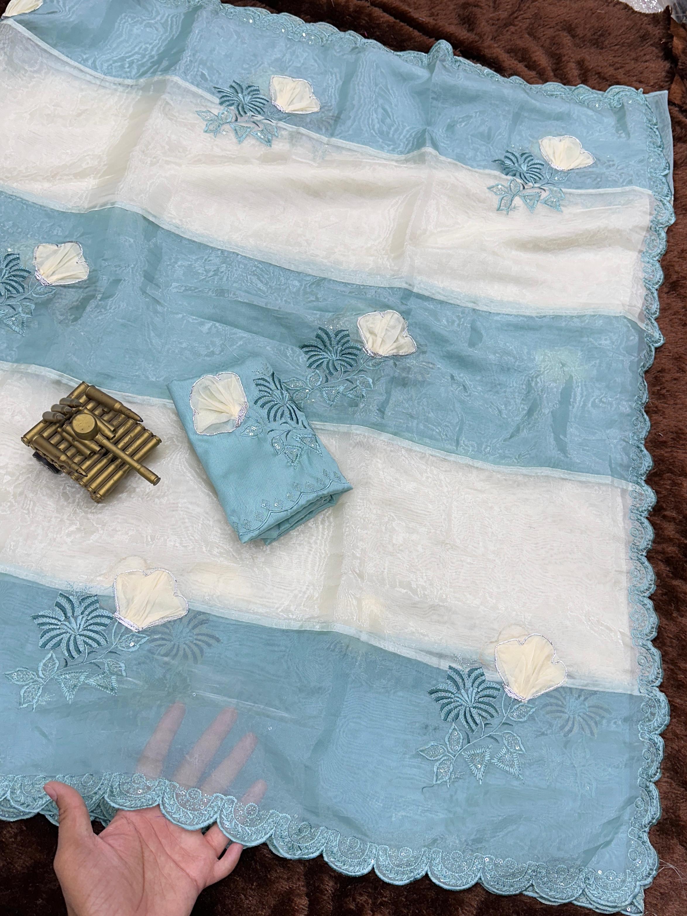Light Blue Crystal Organza Premium Embroidered Work Saree For Women