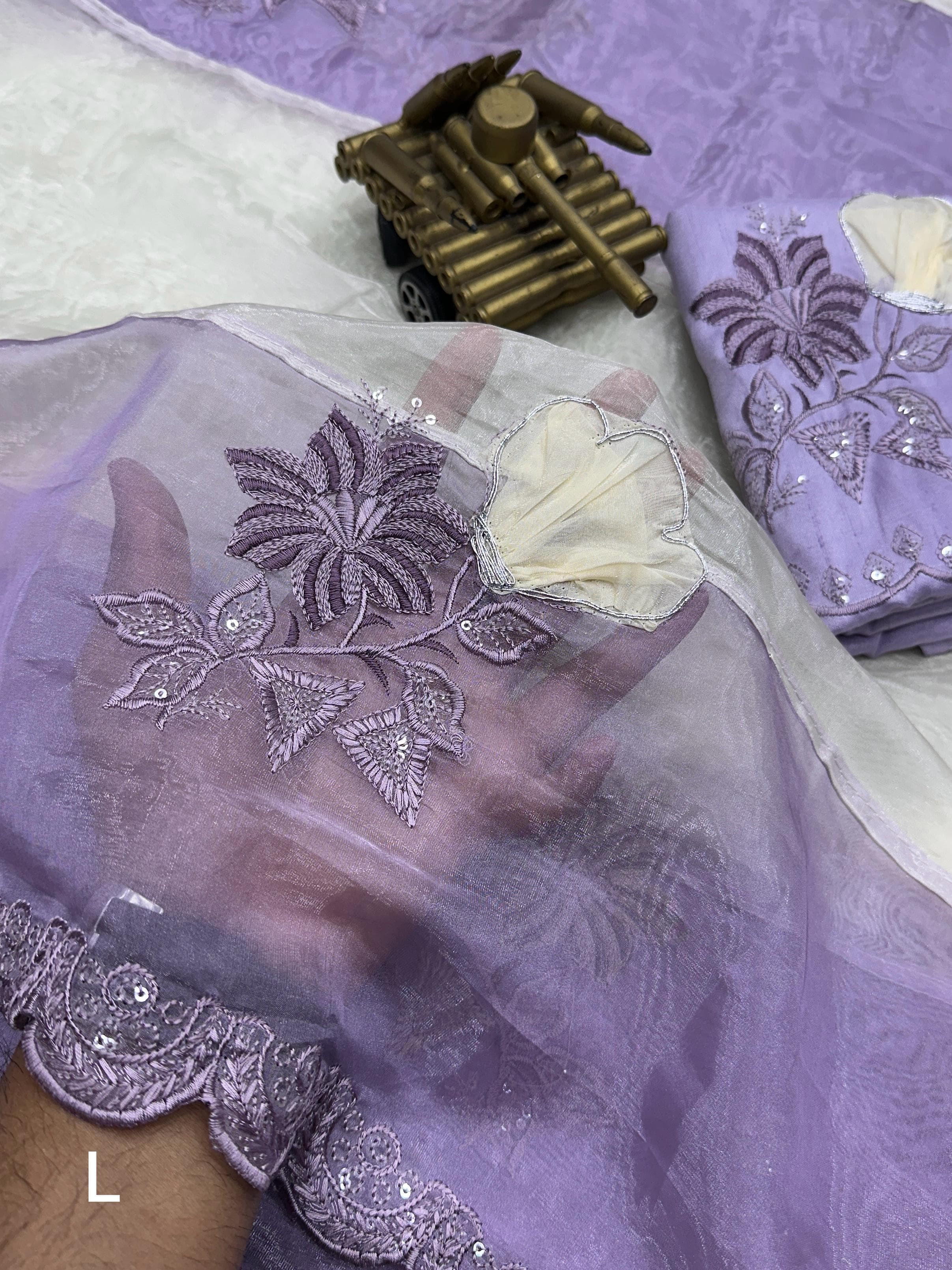 Purple Crystal Organza Premium Embroidered Work Saree For Women