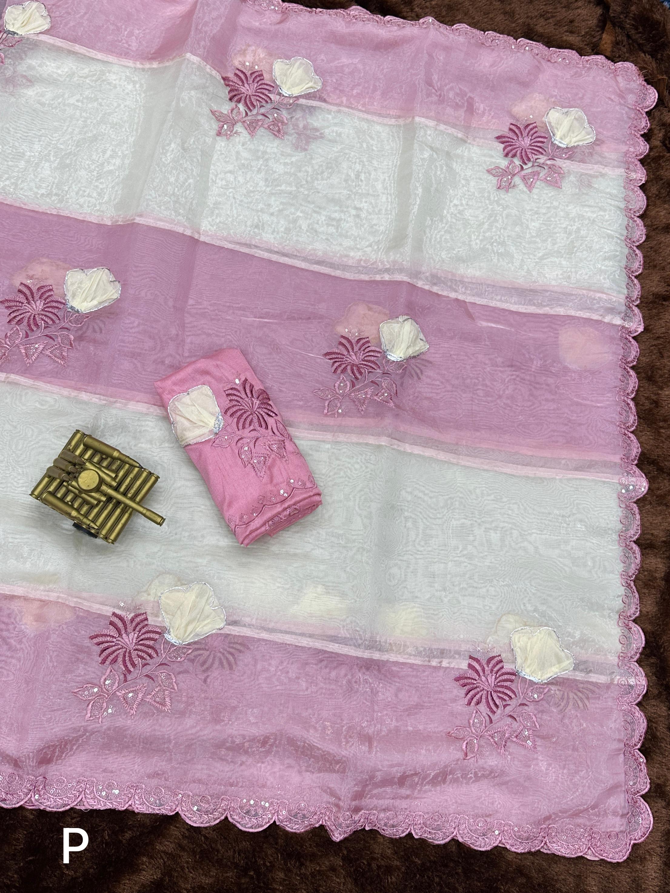 Pink Crystal Organza Premium Embroidered Work Saree For Women