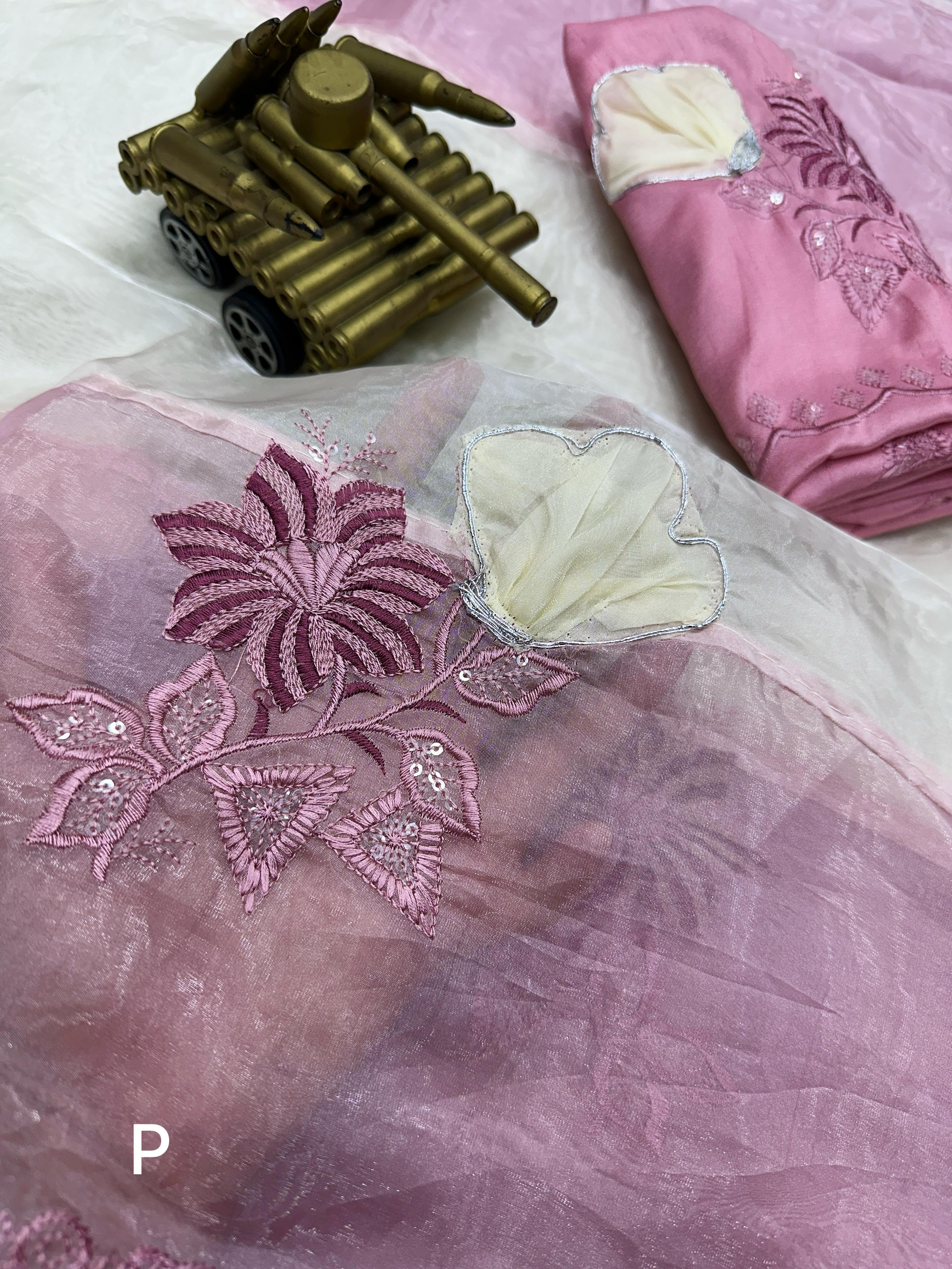Pink Crystal Organza Premium Embroidered Work Saree For Women