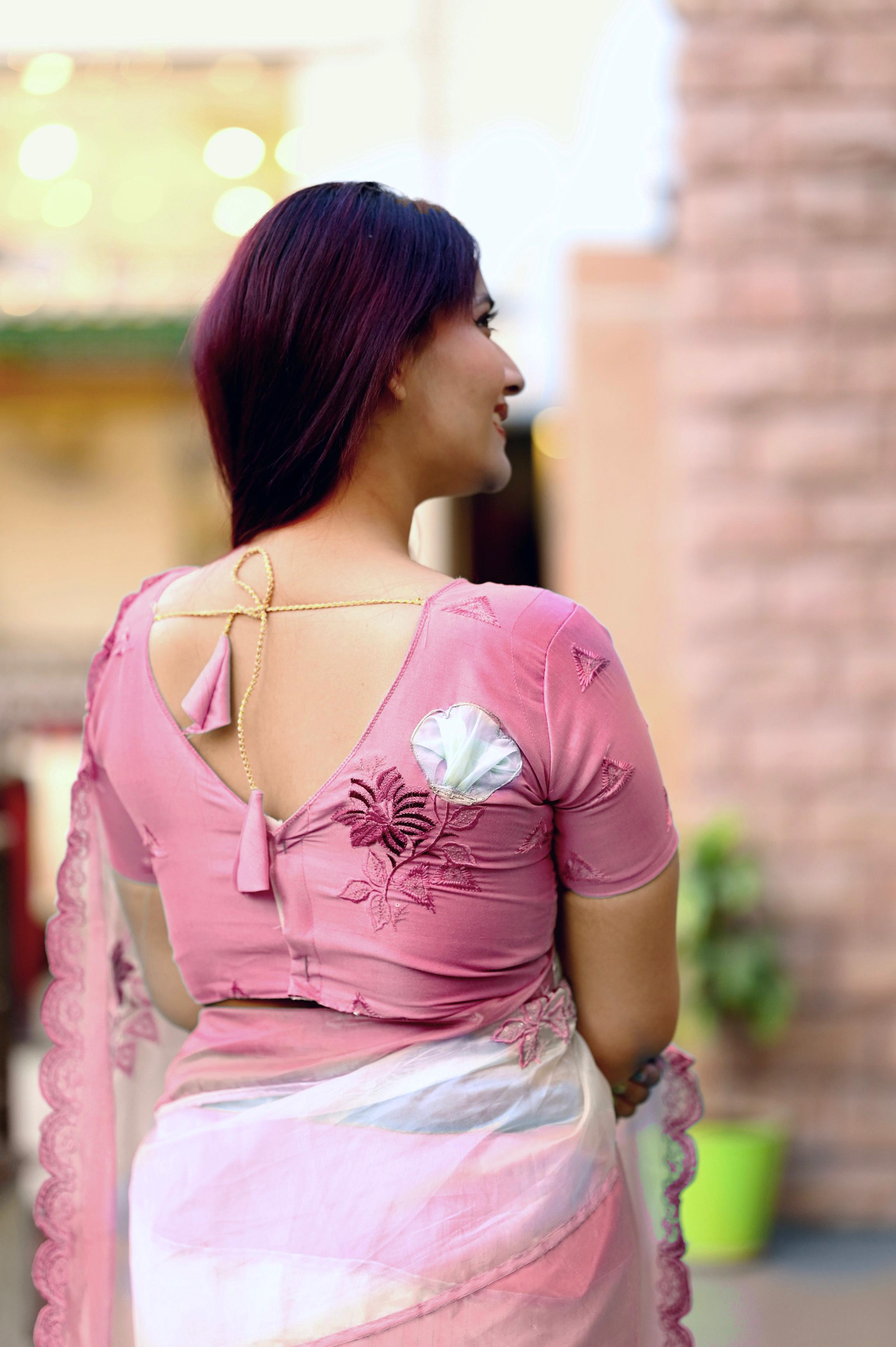 Pink Crystal Organza Premium Embroidered Work Saree For Women