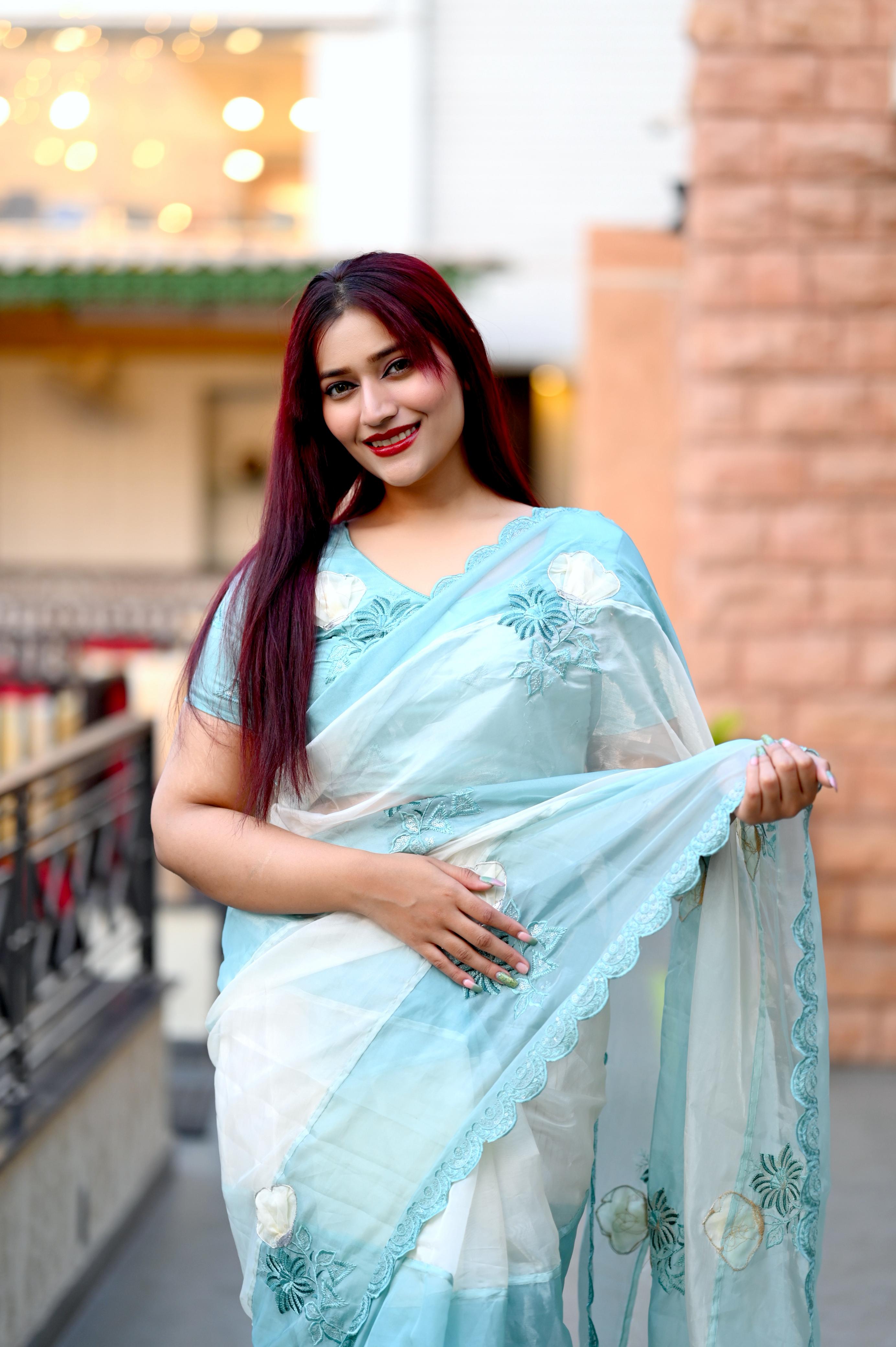 Light Blue Crystal Organza Premium Embroidered Work Saree For Women