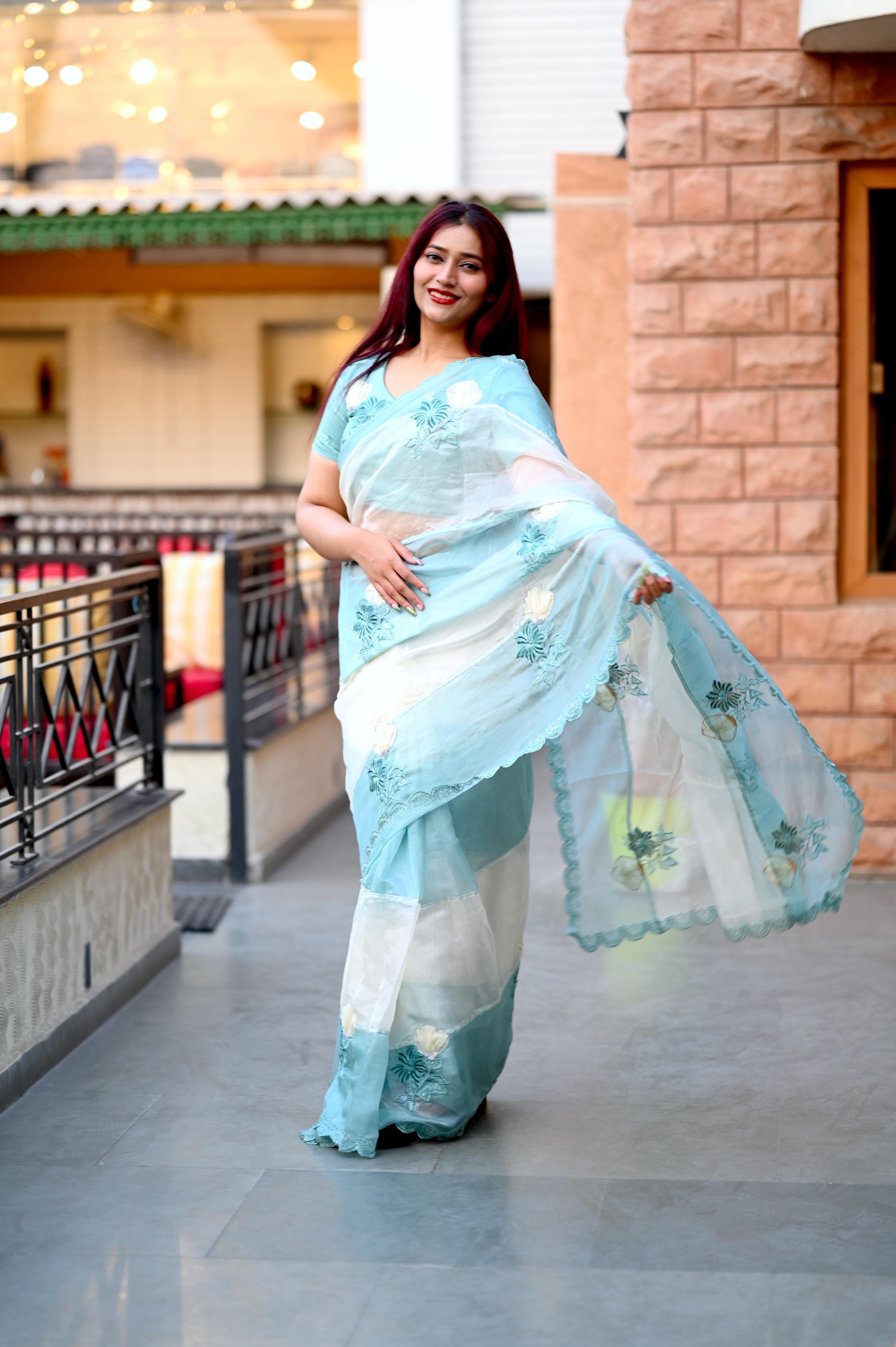Light Blue Crystal Organza Premium Embroidered Work Saree For Women