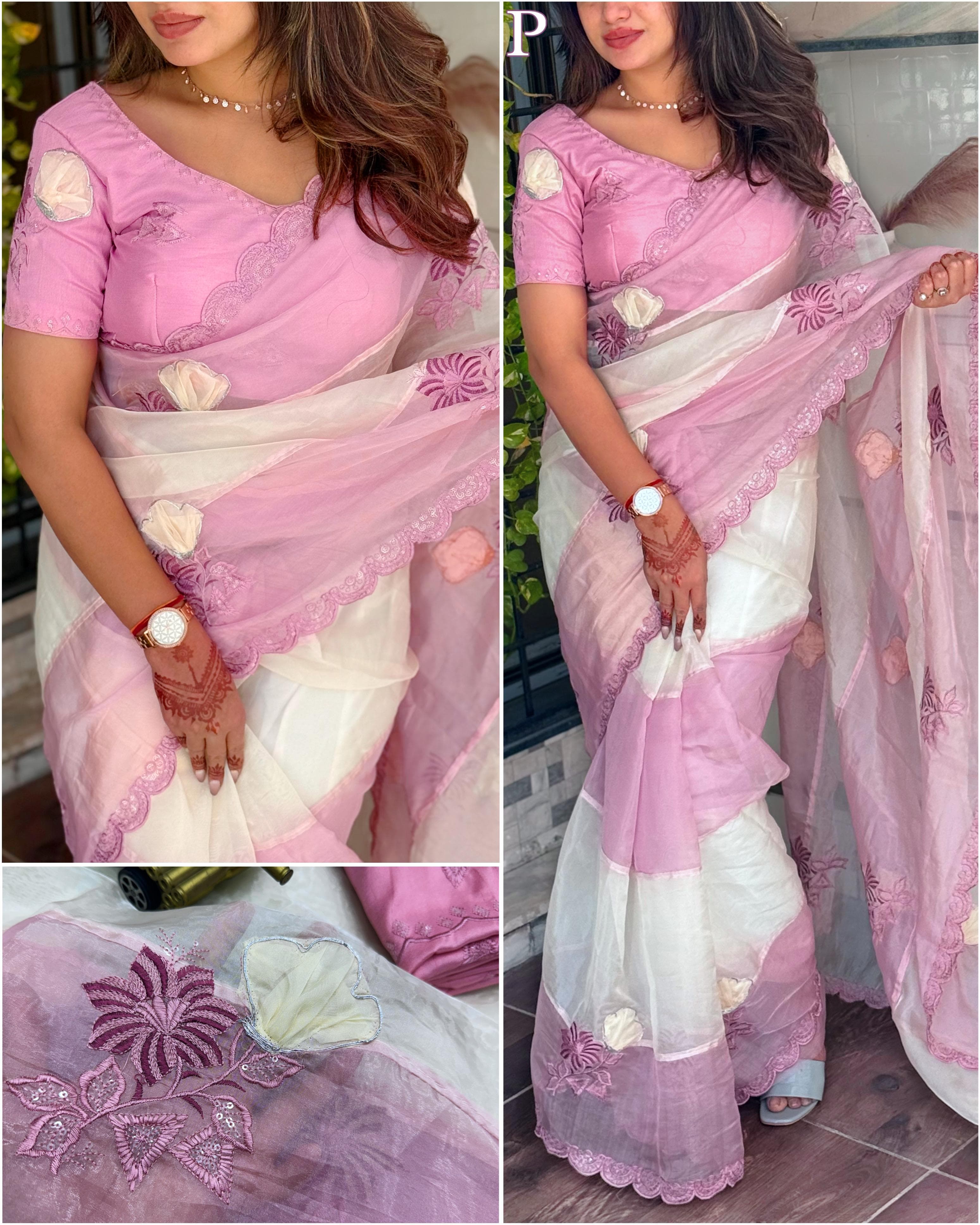 Pink Crystal Organza Premium Embroidered Work Saree For Women