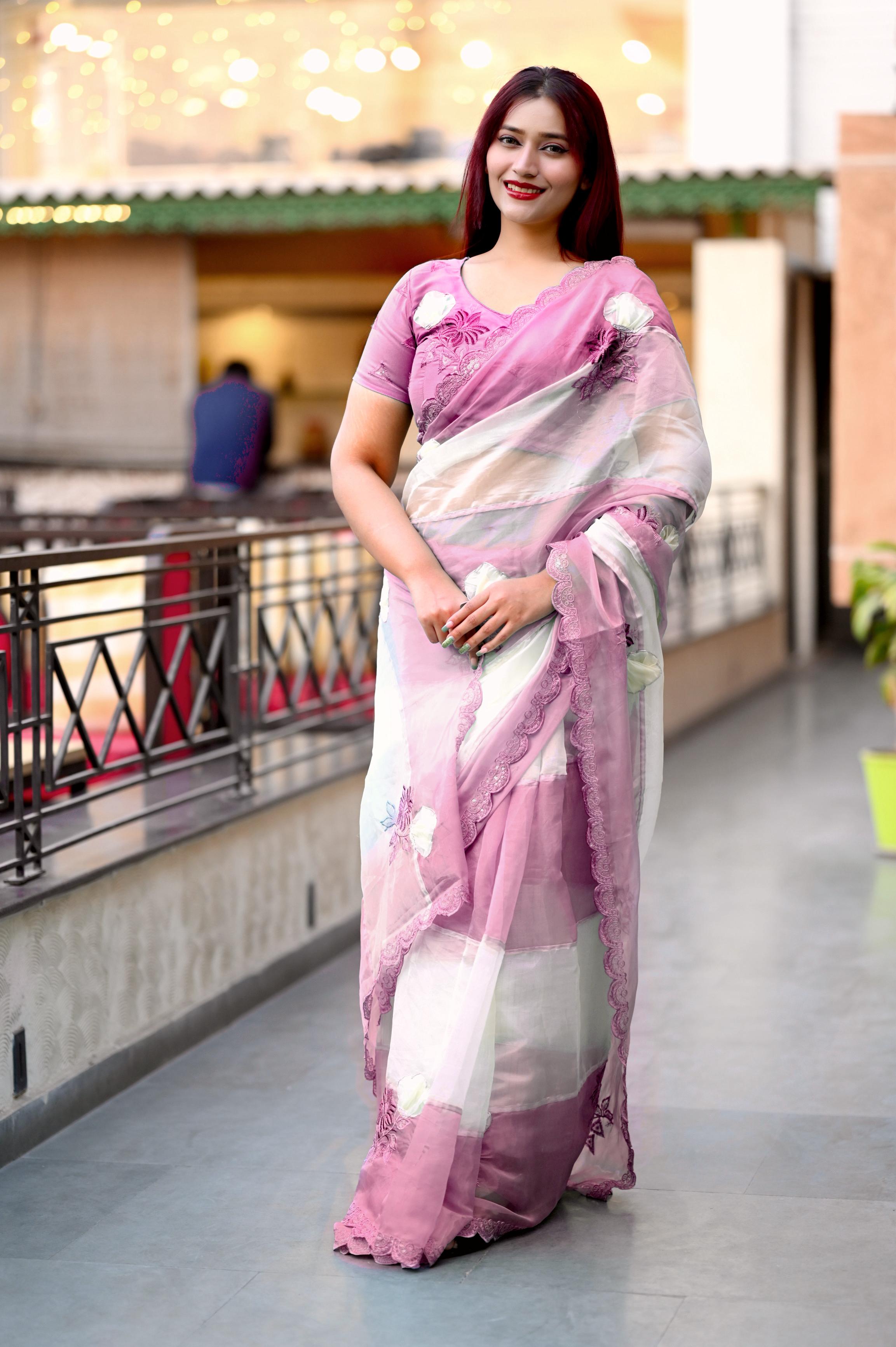 Pink Crystal Organza Premium Embroidered Work Saree For Women