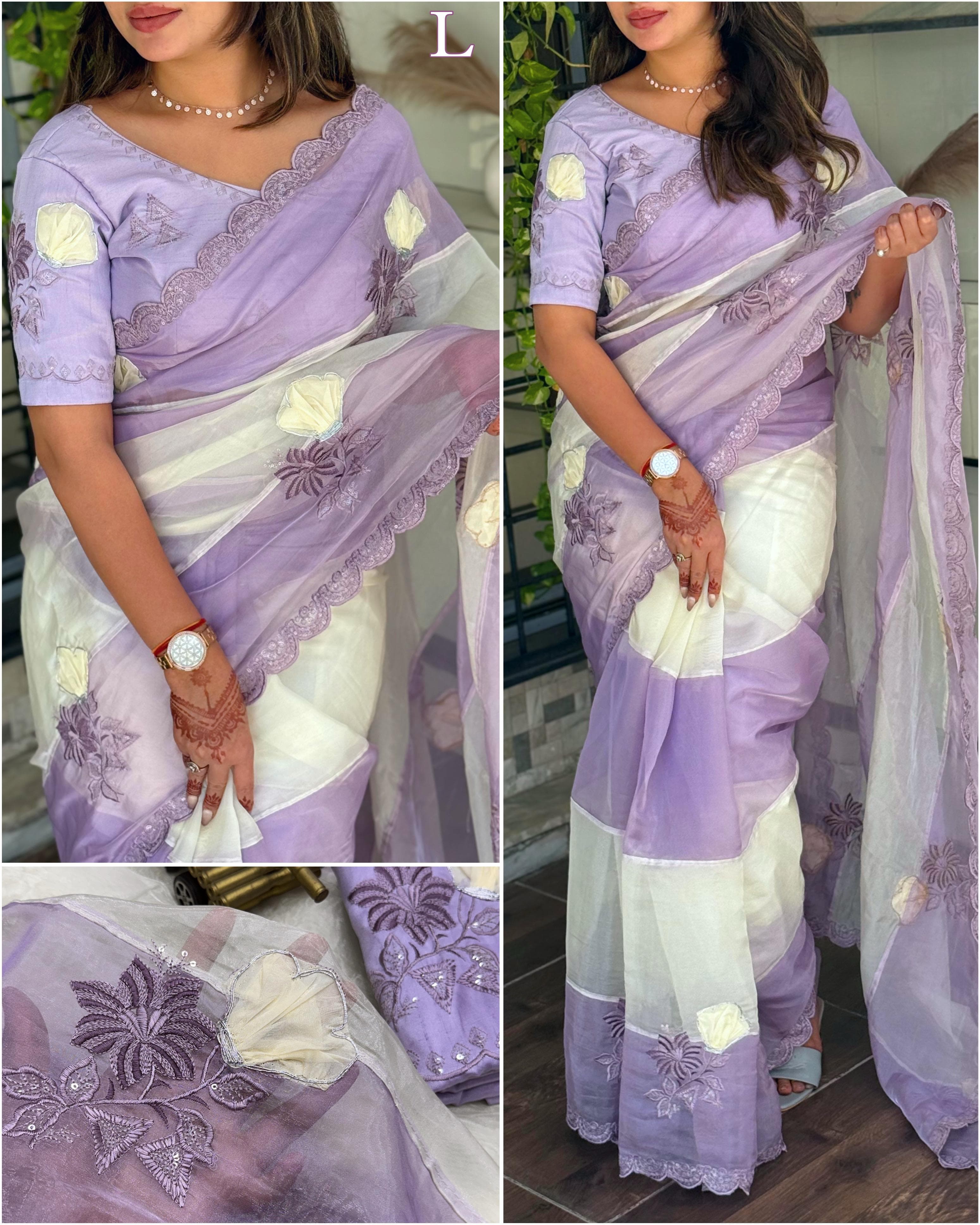 Purple Crystal Organza Premium Embroidered Work Saree For Women