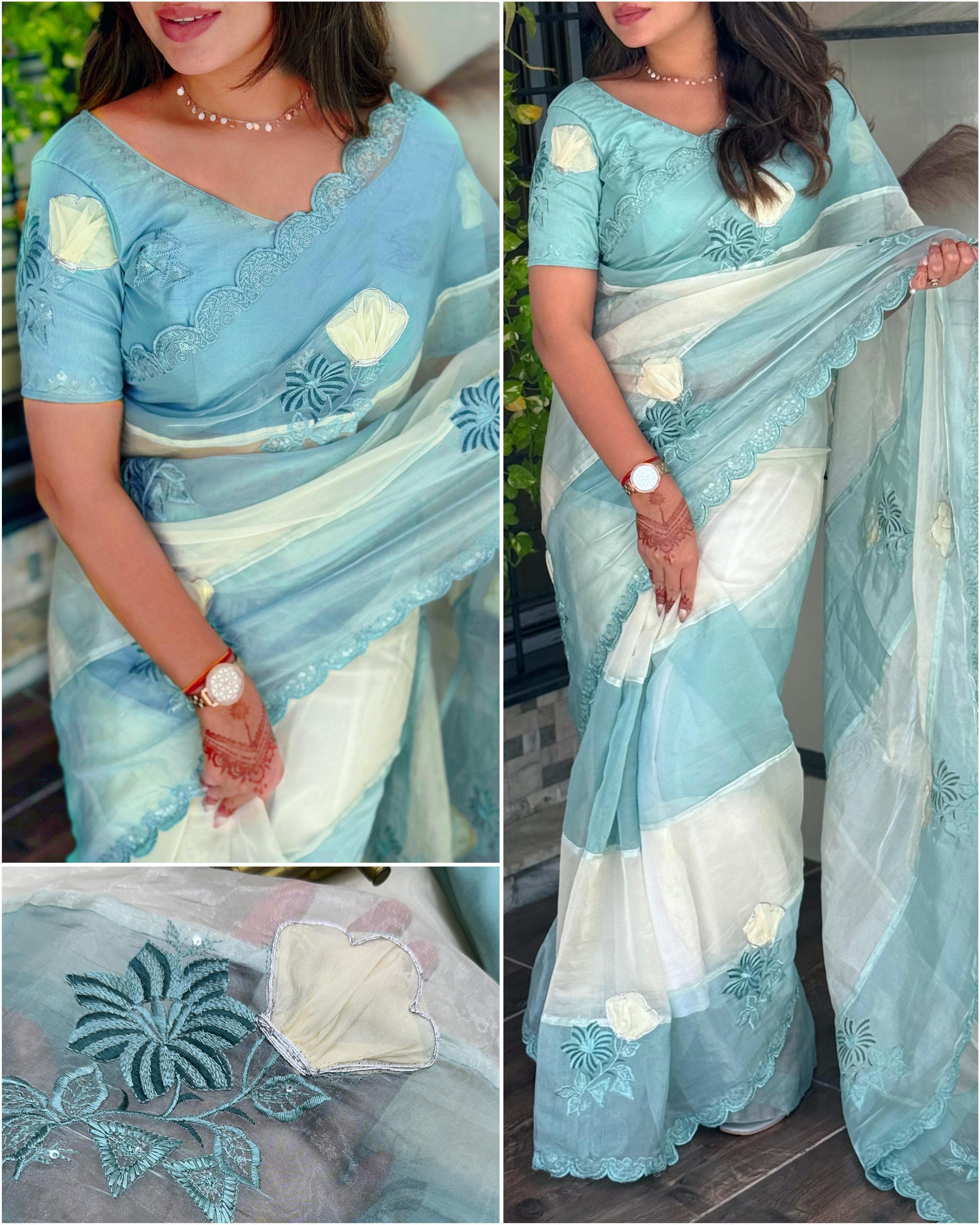Light Blue Crystal Organza Premium Embroidered Work Saree For Women