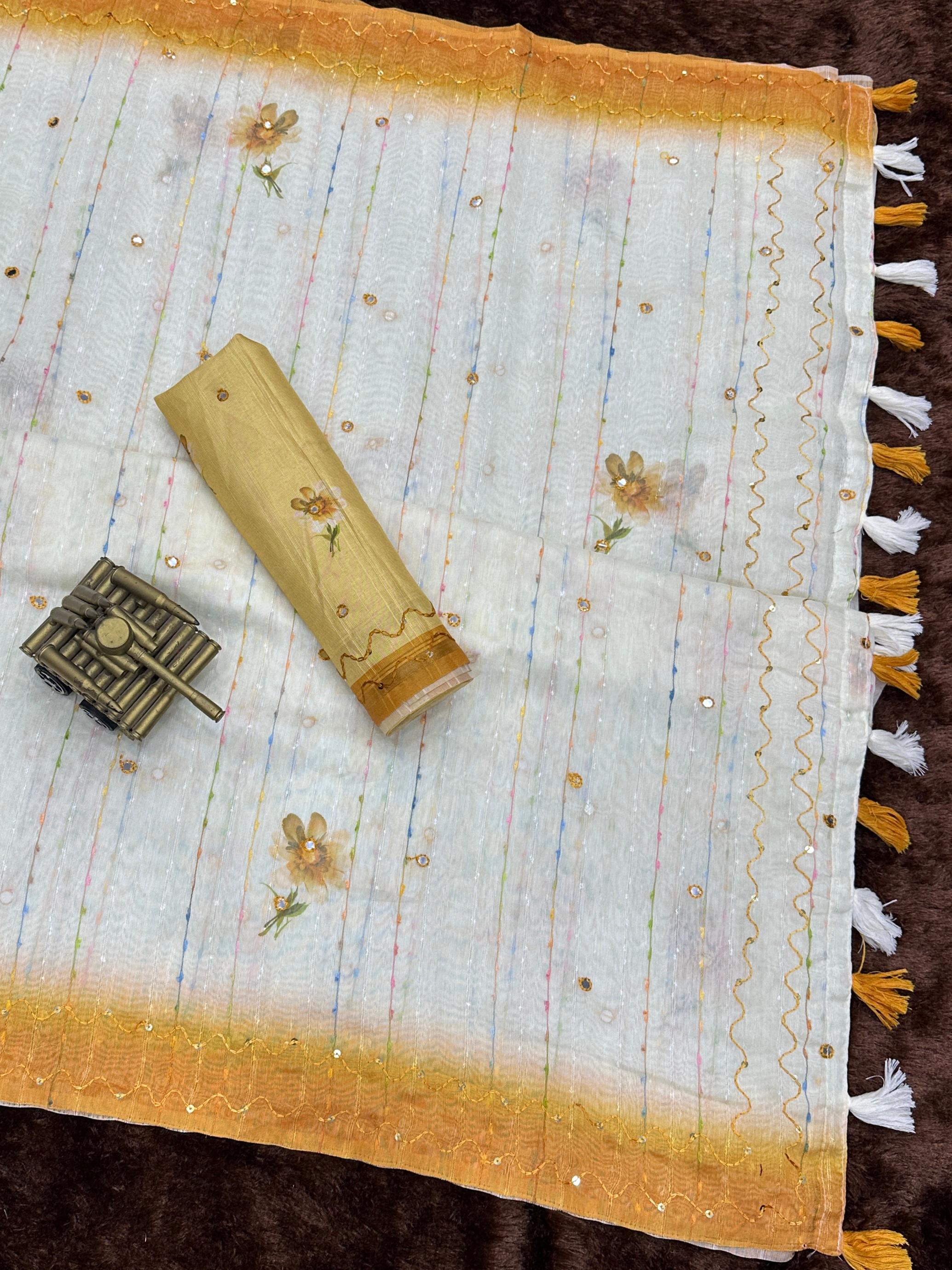 Yellow Saree -Gadhwal Linen Cotton Premium Digital Print Saree For Women