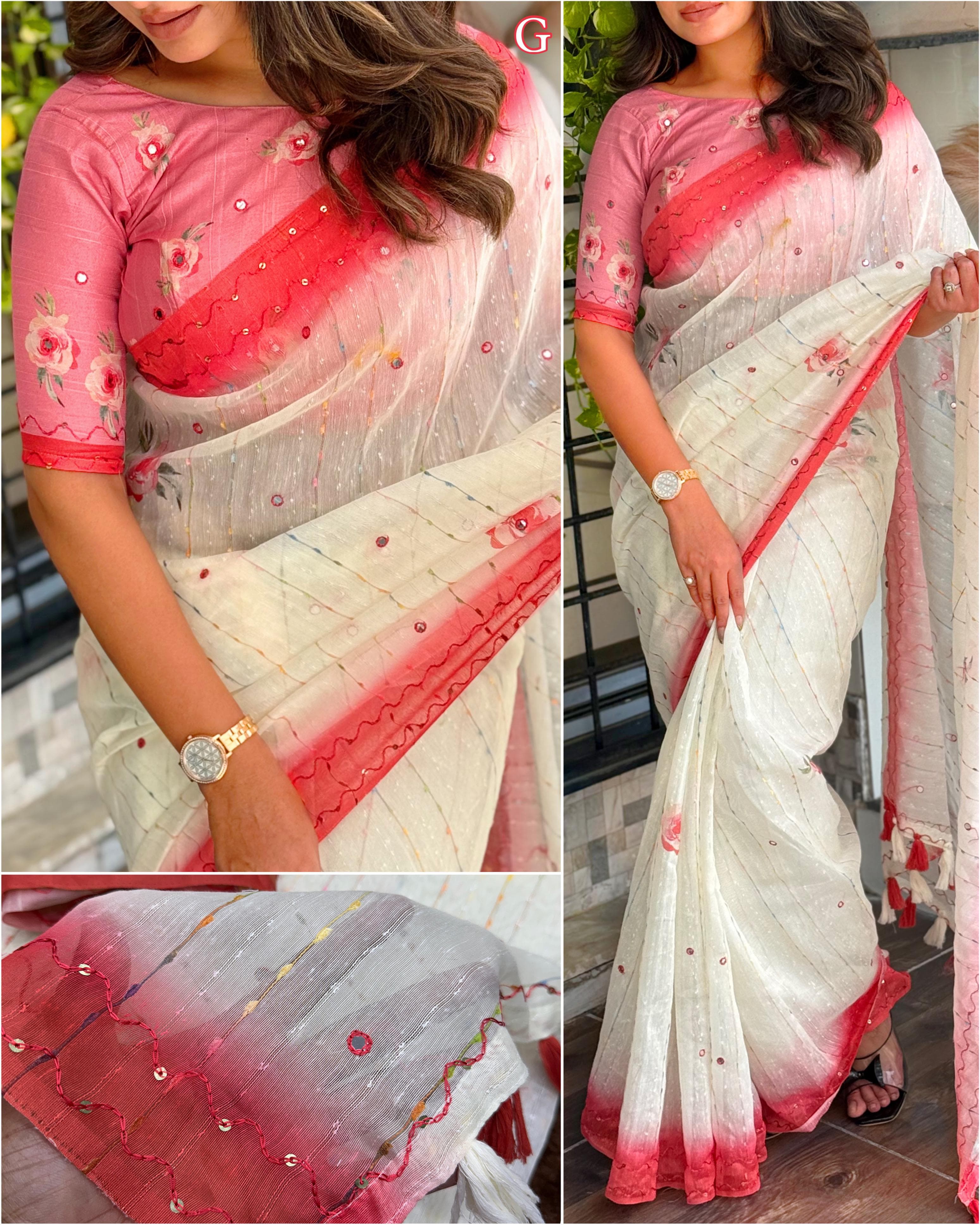 Red Saree -Gadhwal Linen Cotton Premium Digital Print Saree For Women