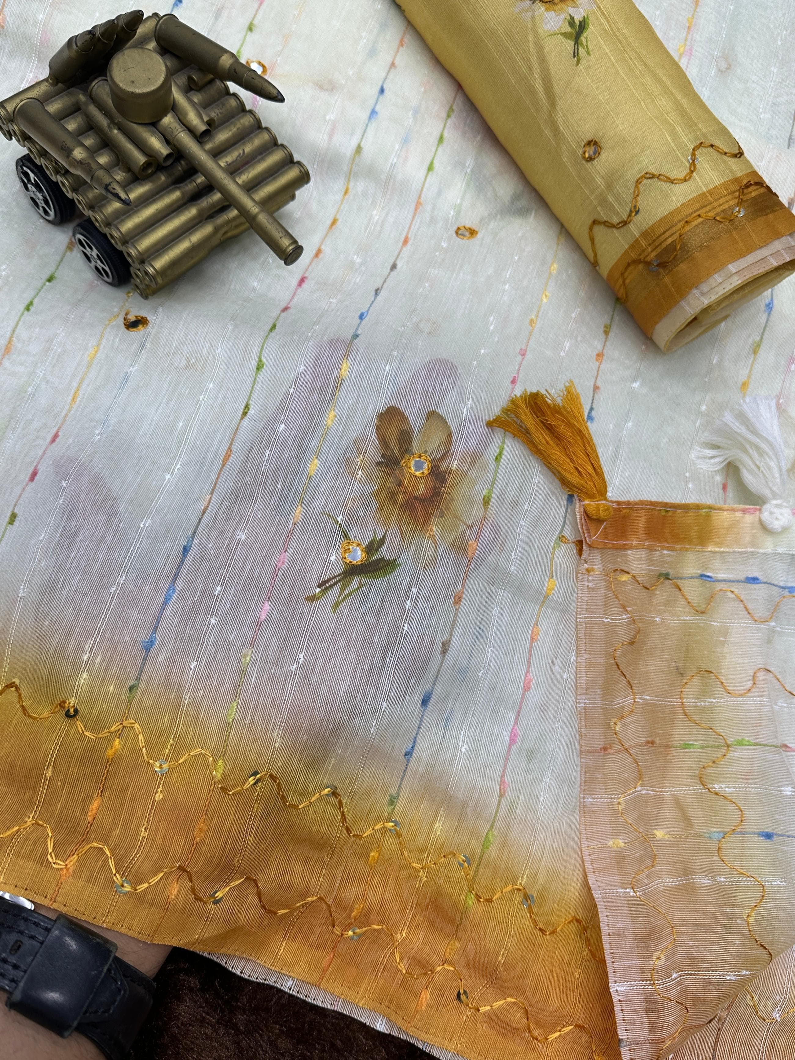 Yellow Saree -Gadhwal Linen Cotton Premium Digital Print Saree For Women