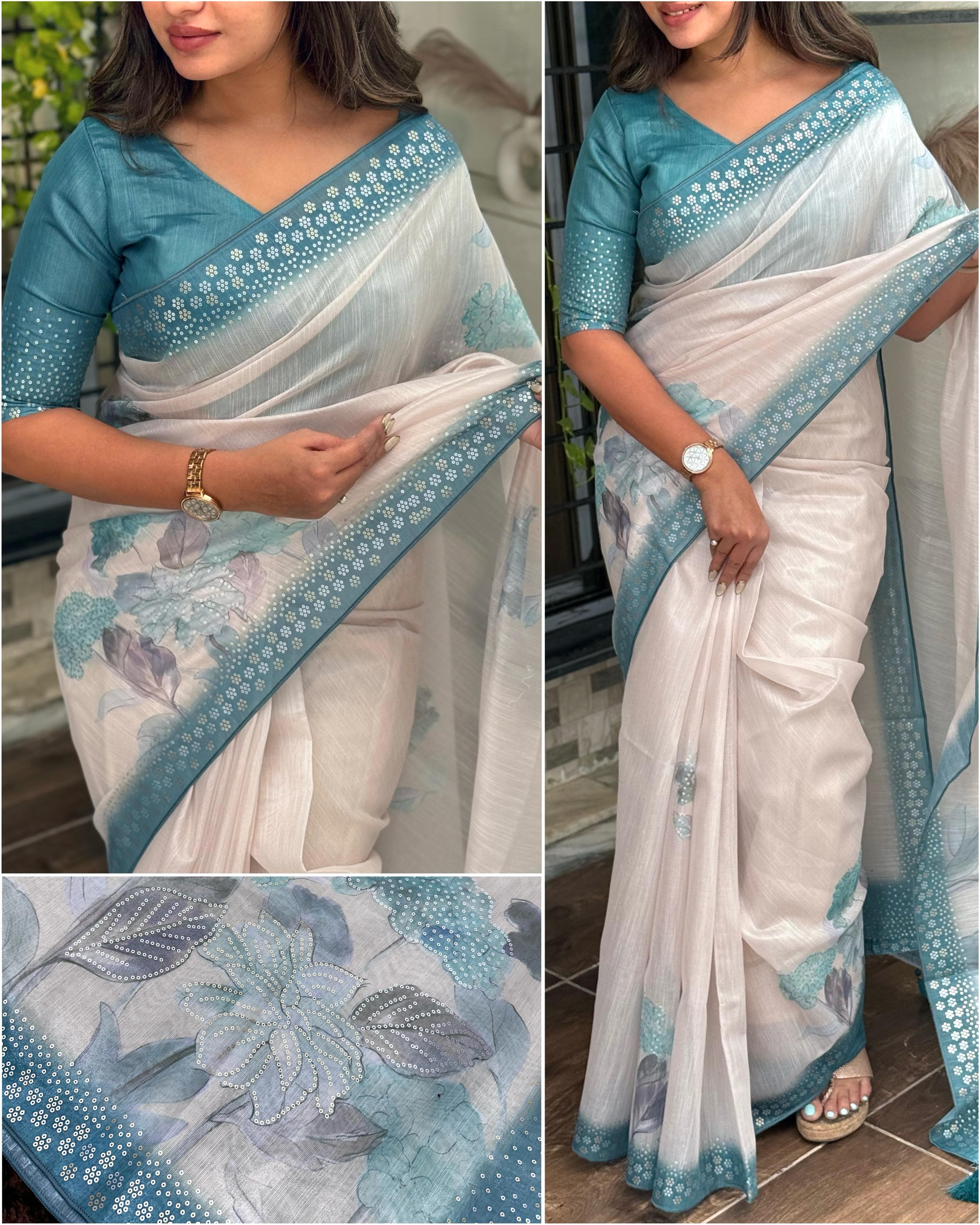 Light Blue Taspa Silk Premium Digital Print Saree For Women