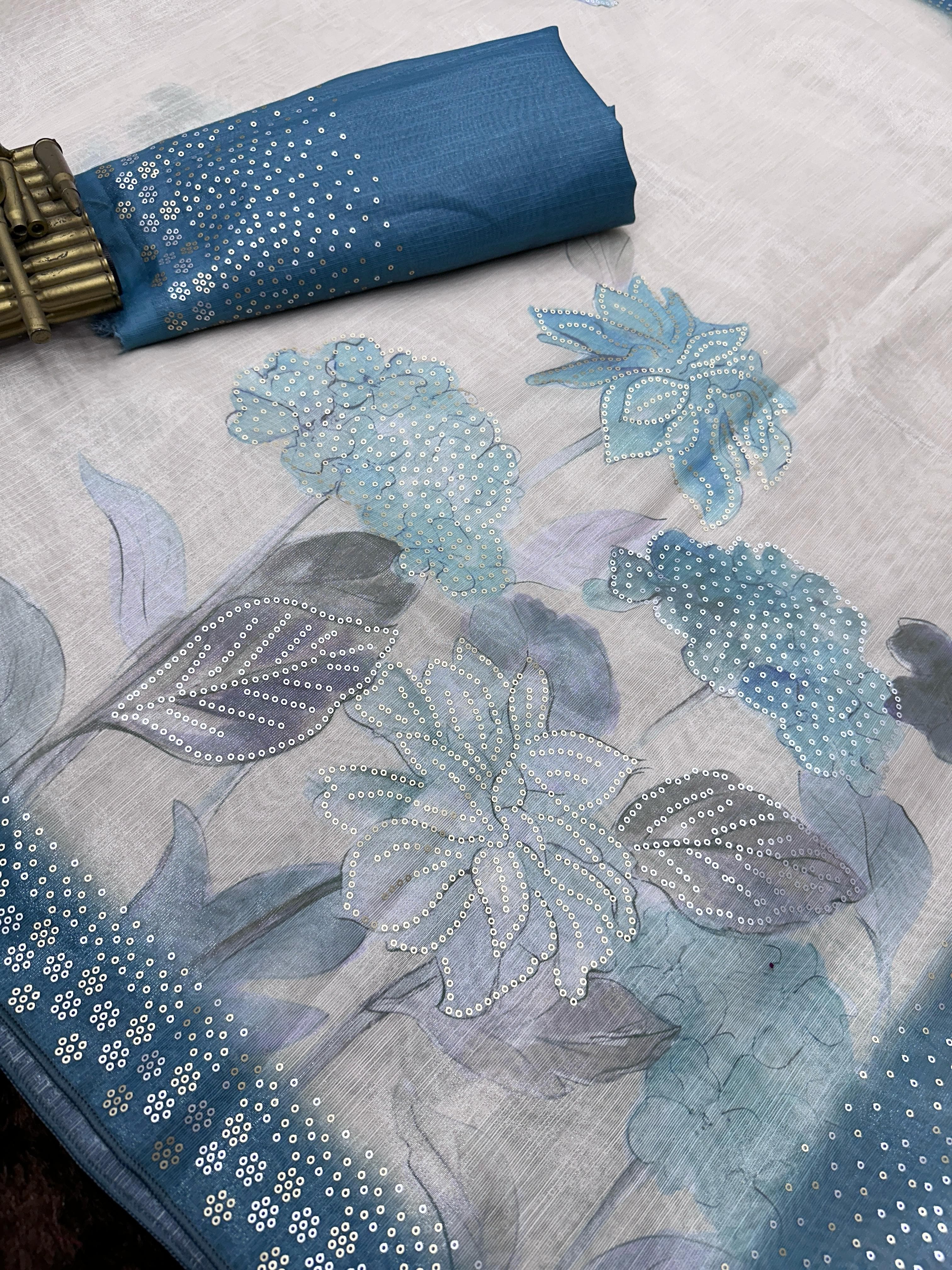 Light Blue Taspa Silk Premium Digital Print Saree For Women