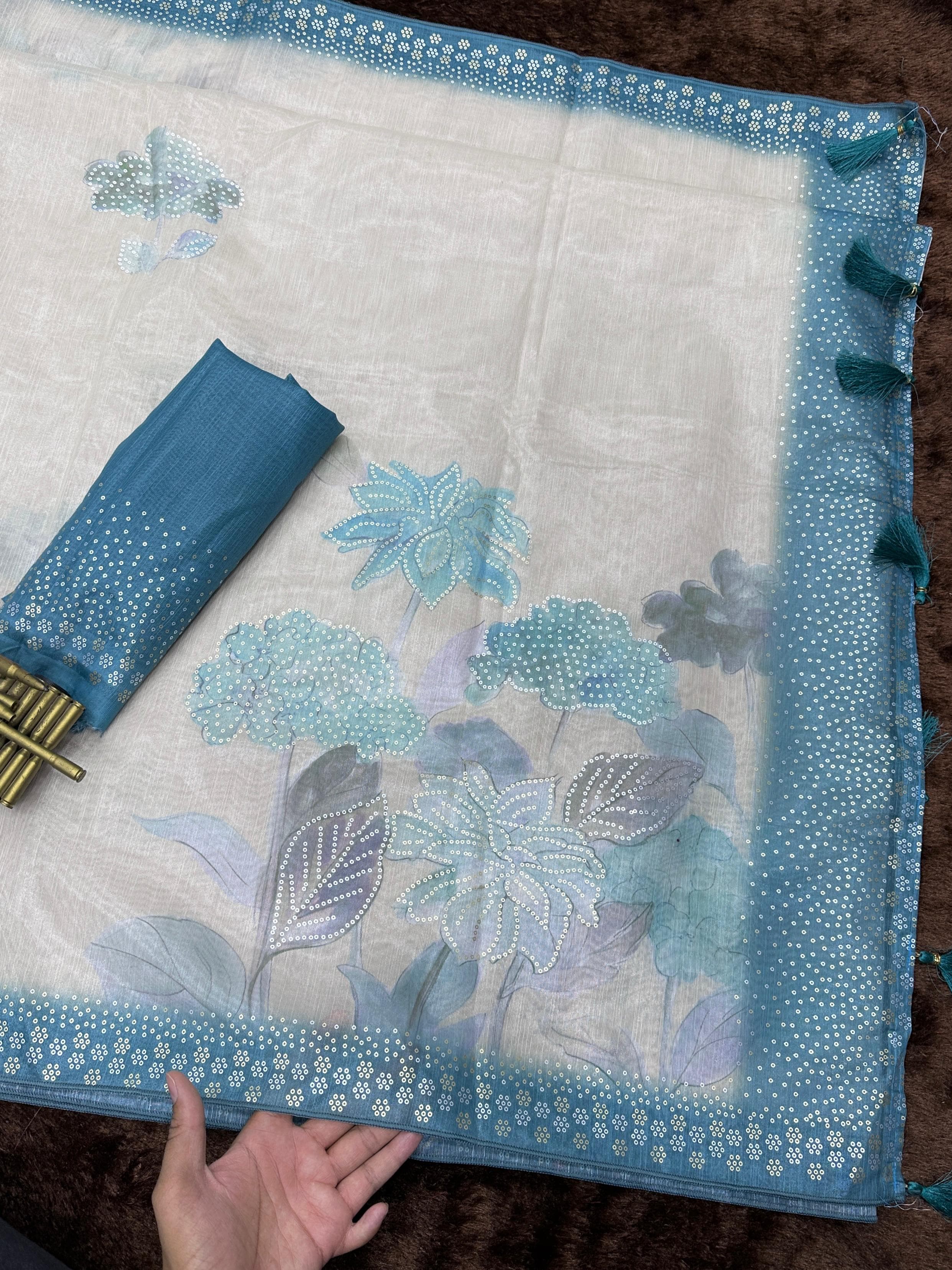 Light Blue Taspa Silk Premium Digital Print Saree For Women