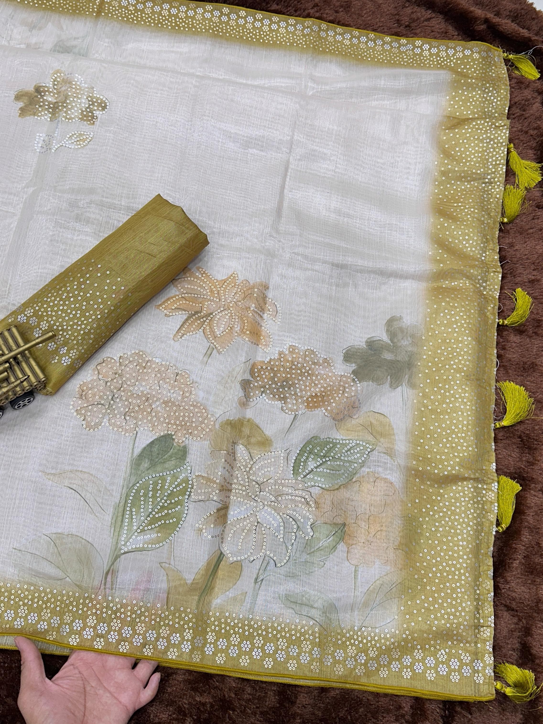 Dark Green Taspa Silk Premium Digital Print Saree For Women