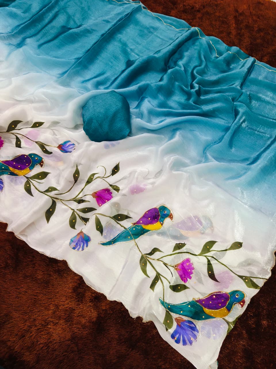 Light Blue Linen Premium kalamkari print For Women