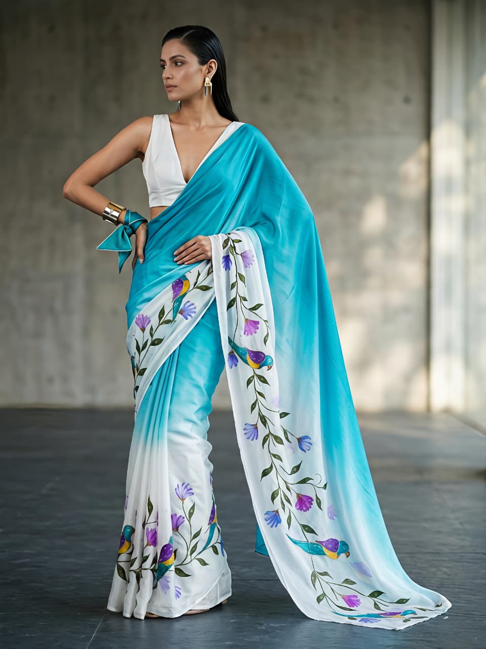 Light Blue Linen Premium kalamkari print For Women