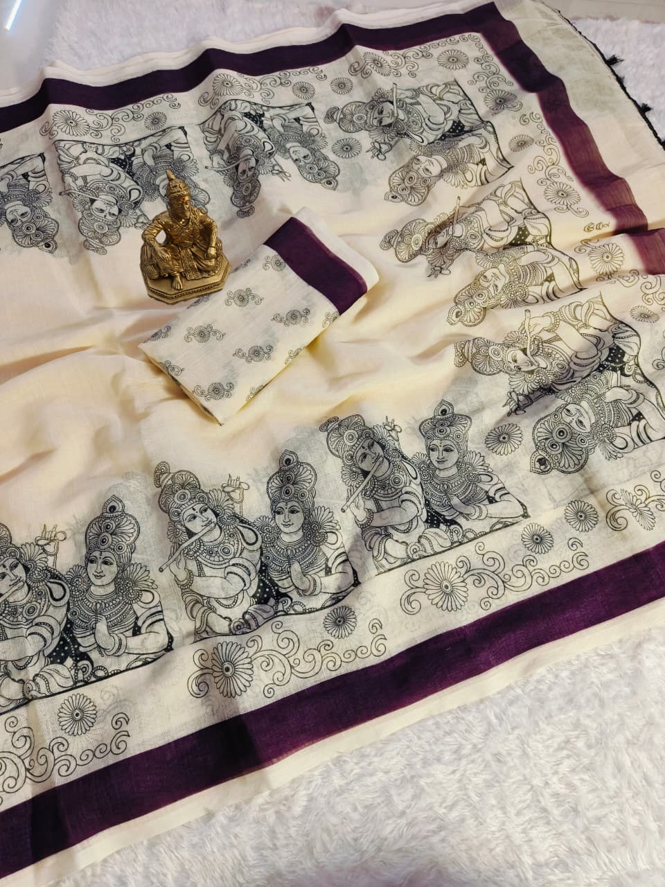 Cream Linen Premium Digital Print For Women