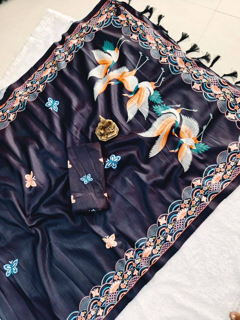 Black tussar silk saree Premium Digital Print For Women