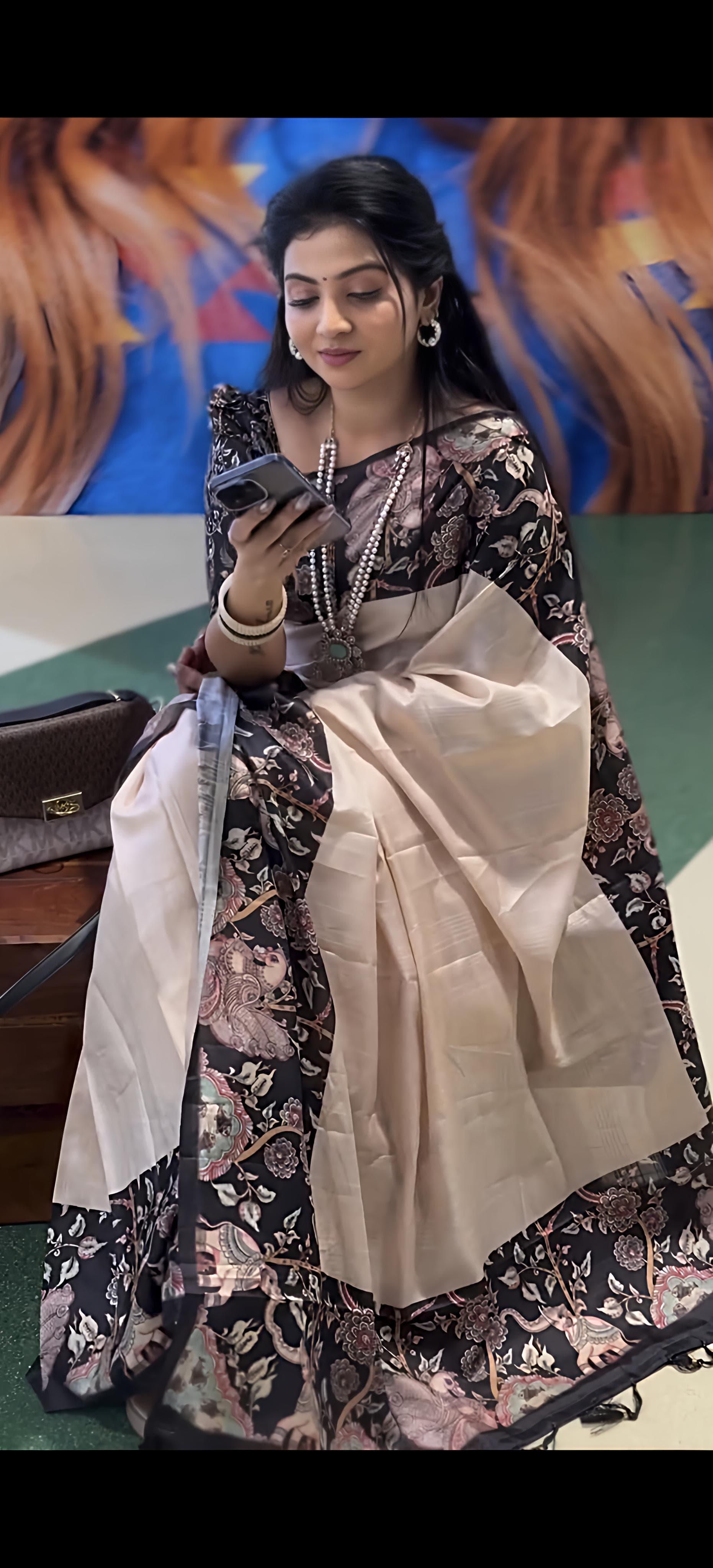 Cream tussar silk saree Premium Digital Print For Women