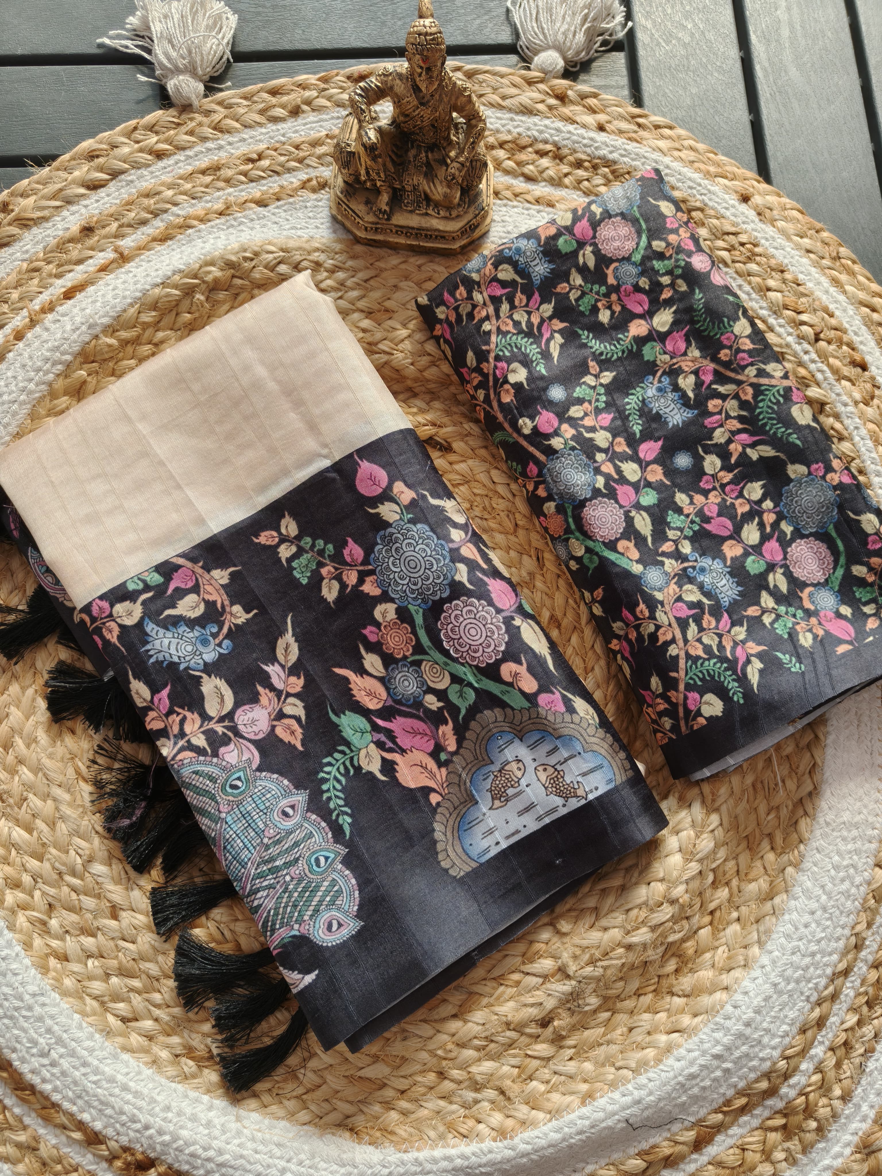 Cream tussar silk saree Premium Digital Print For Women