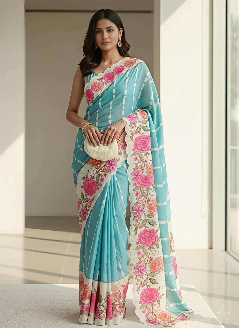 Light Blue Linen Premium Digital Print For Women