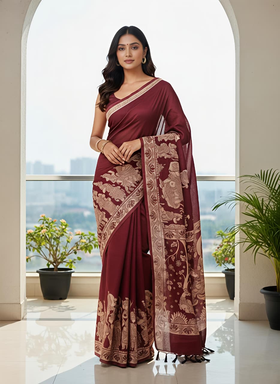 Marron Linen Premium Digital Print For Women