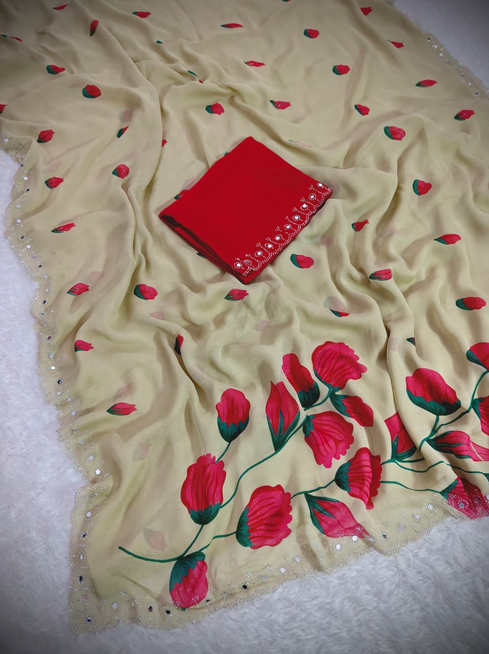 Cream georgette Premium Digital Print For Women