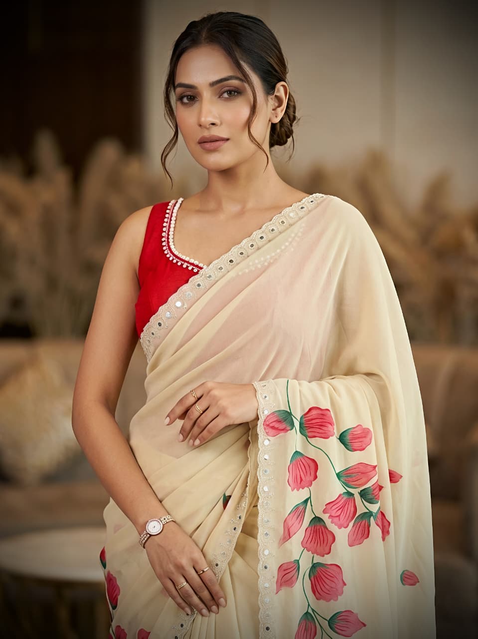 Cream georgette Premium Digital Print For Women