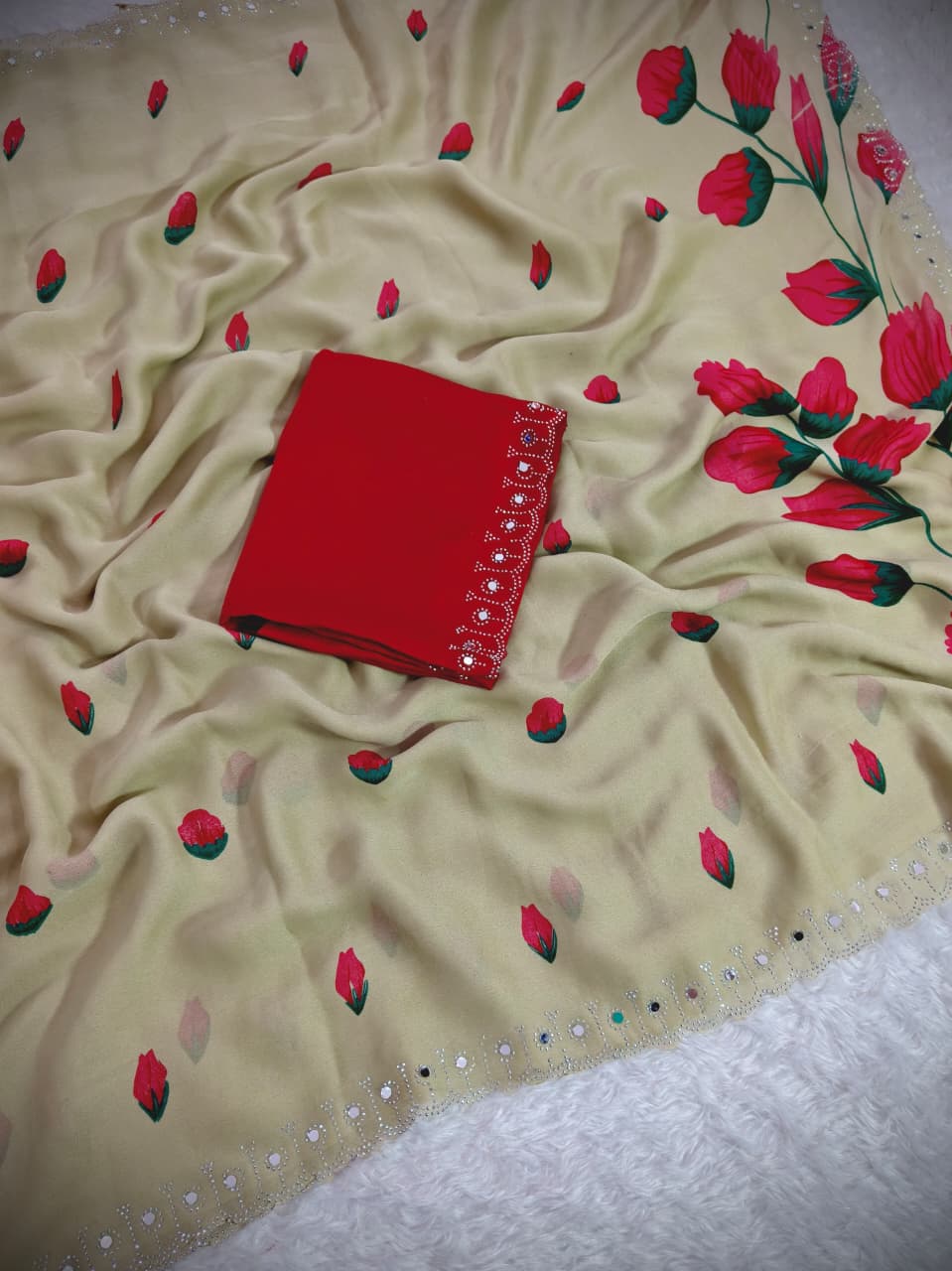 Cream georgette Premium Digital Print For Women