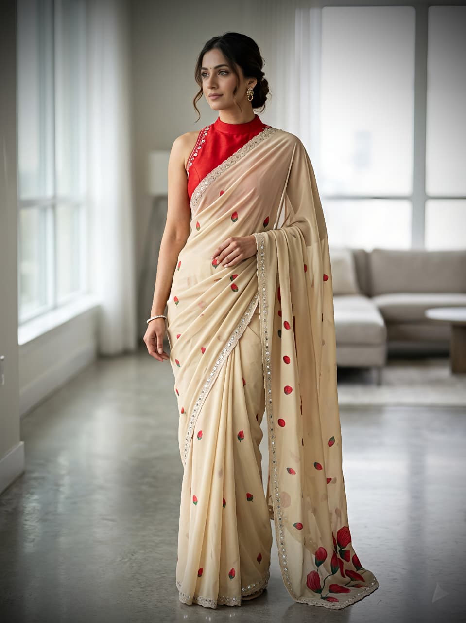 Cream georgette Premium Digital Print For Women