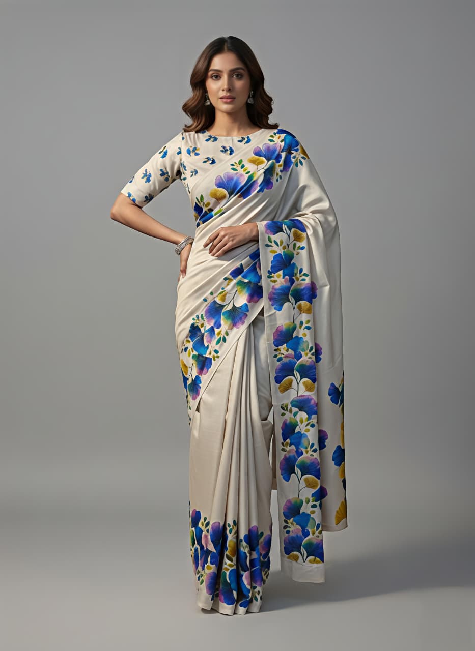 White tussar silk saree Premium Digital Print For Women