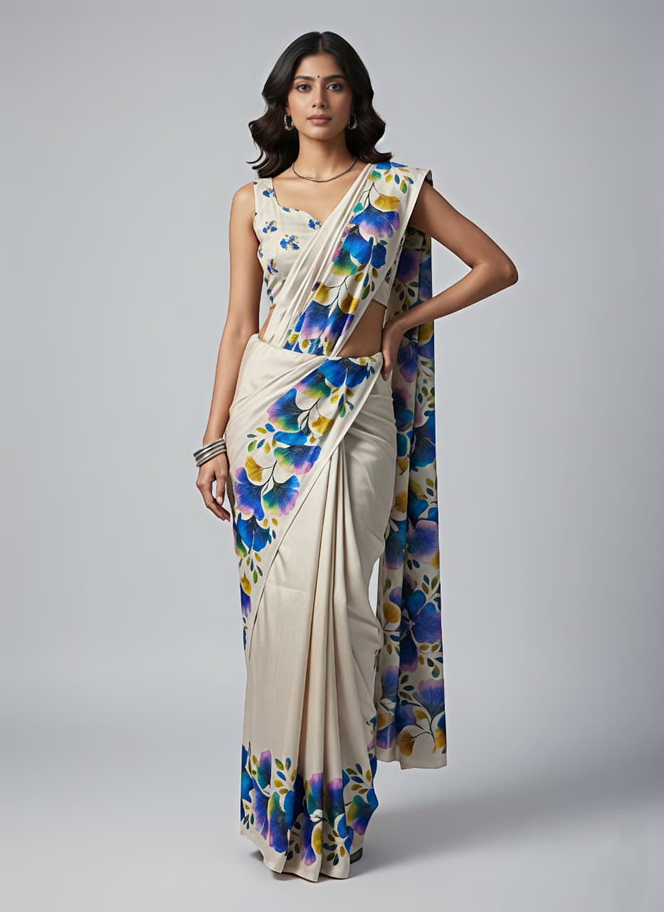 White tussar silk saree Premium Digital Print For Women