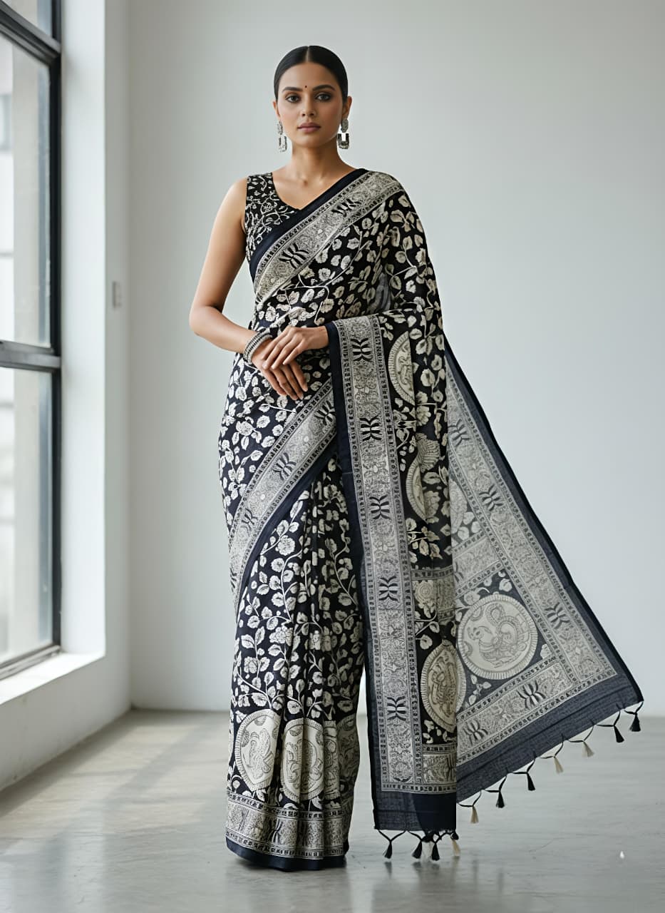 Dark Black ikkat siIK Premium Digital Print For Women