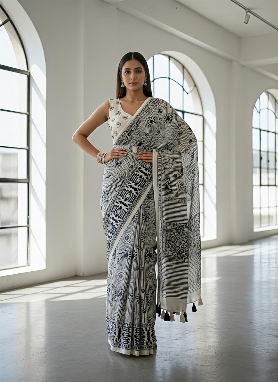 Cream ikkat siIK Premium Digital Print For Women