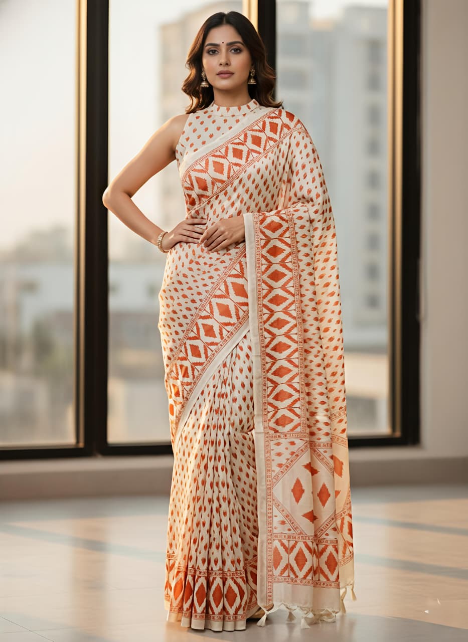 Orange ikkat siIK Premium Digital Print For Women