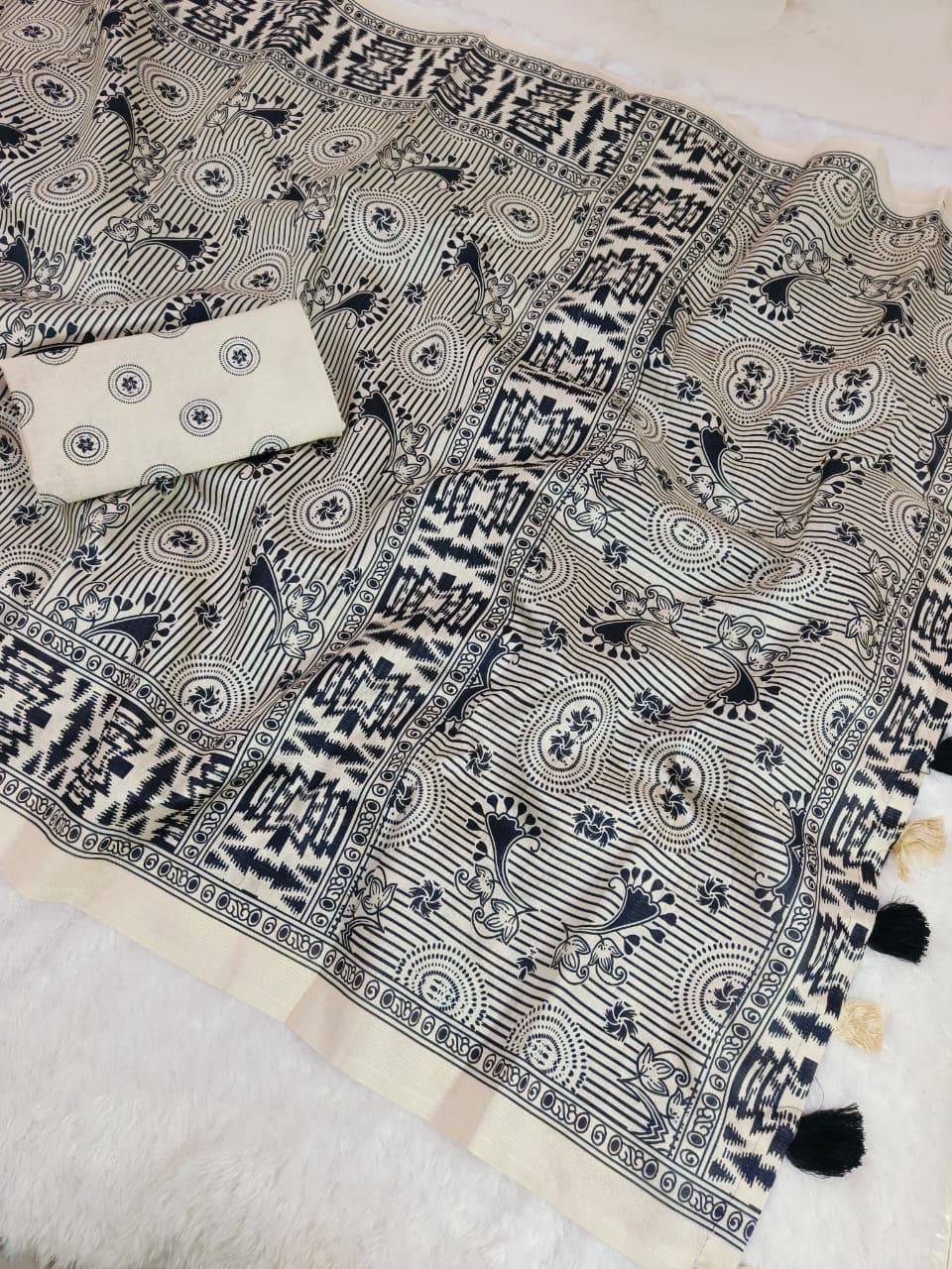 Cream ikkat siIK Premium Digital Print For Women